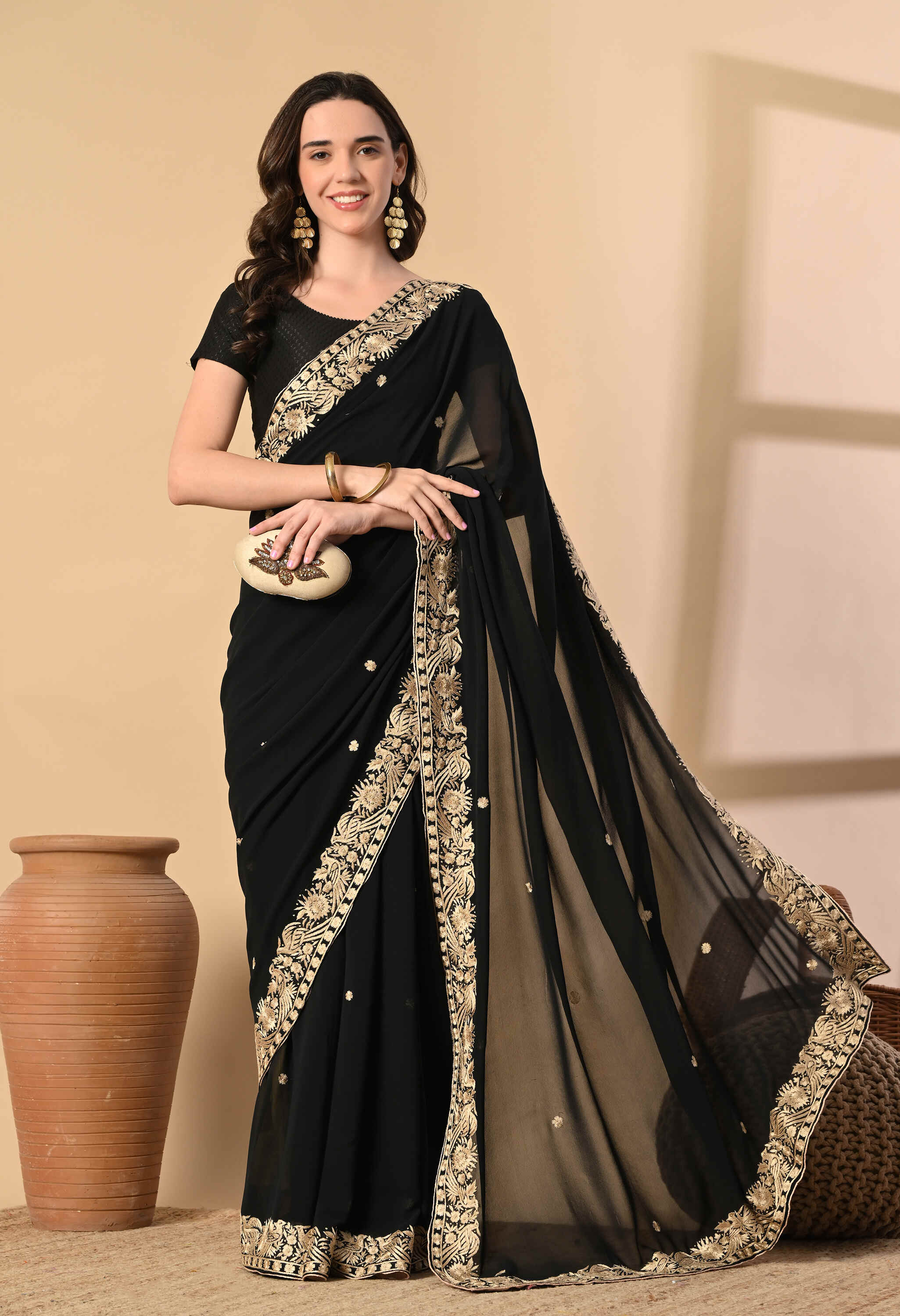 Crepe Party Wear Black Saree
