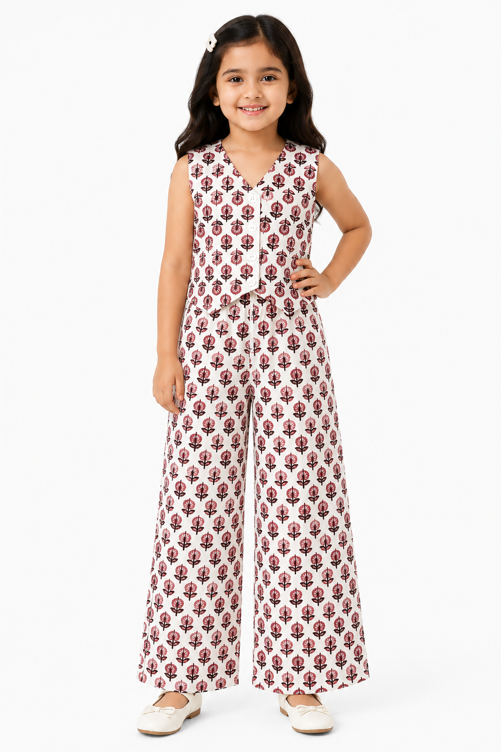A young girl smiling in a matching off-white pure cotton co-ord set featuring a red floral block print, consisting of a sleeveless vest-style buttoned top and wide-leg trousers
