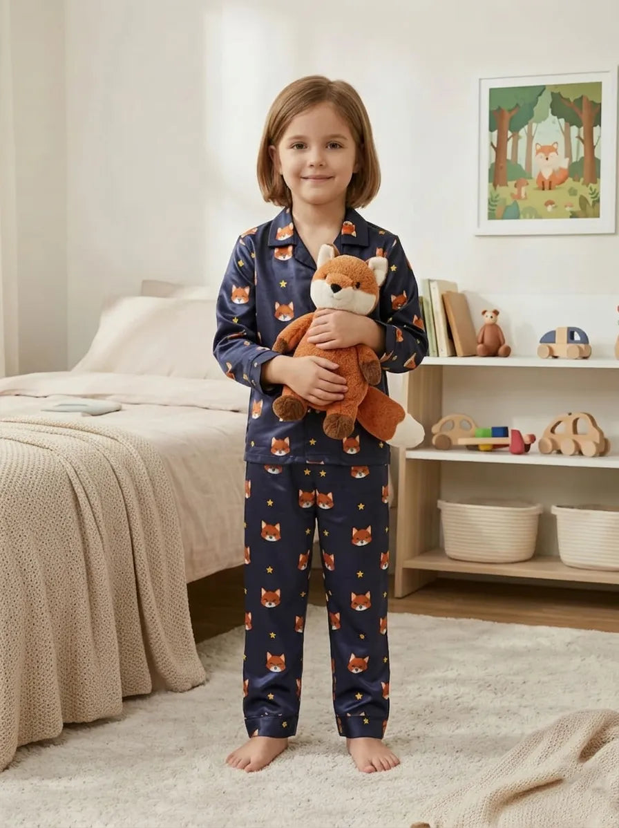A young girl standing in a cozy bedroom, wearing a navy blue satin pajama set with a playful orange fox and star print. She is smiling and holding a plush fox toy, with a soft-toned bed and wooden toys visible in the background.
