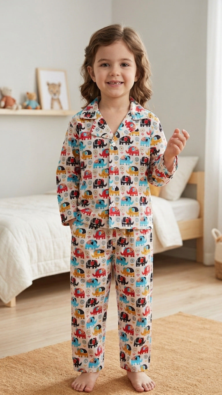 A young girl  smiling in a cozy bedroom, wearing a beige cotton night suit with a colorful red and blue elephant print.
