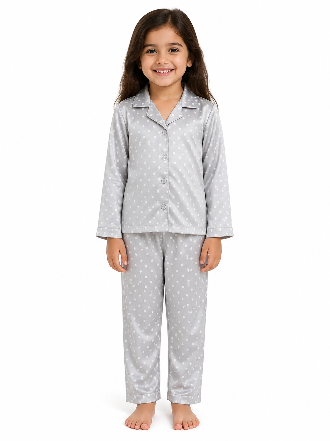A young girl smiling and posing in a matching grey satin nightsuit set with a white polka dot print, featuring a long-sleeve button-down shirt with a notched collar and matching long pajamas against a solid white background.
