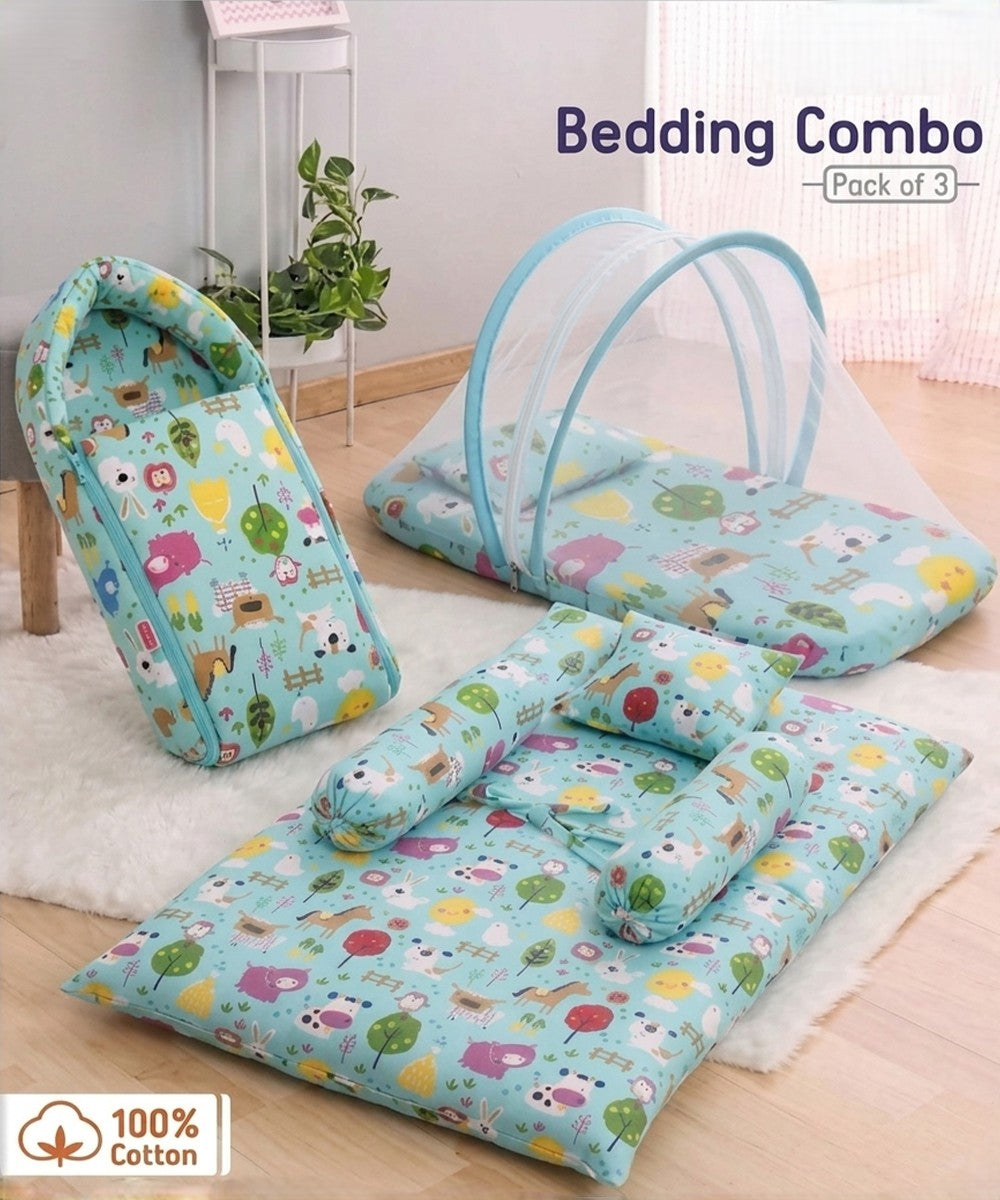 Green and white printed 3-in-1 infant bedding combo featuring a zip-up carry nest, a breathable mesh mosquito net mattress, and a gadda set with a head-shaping pillow and side bolsters.