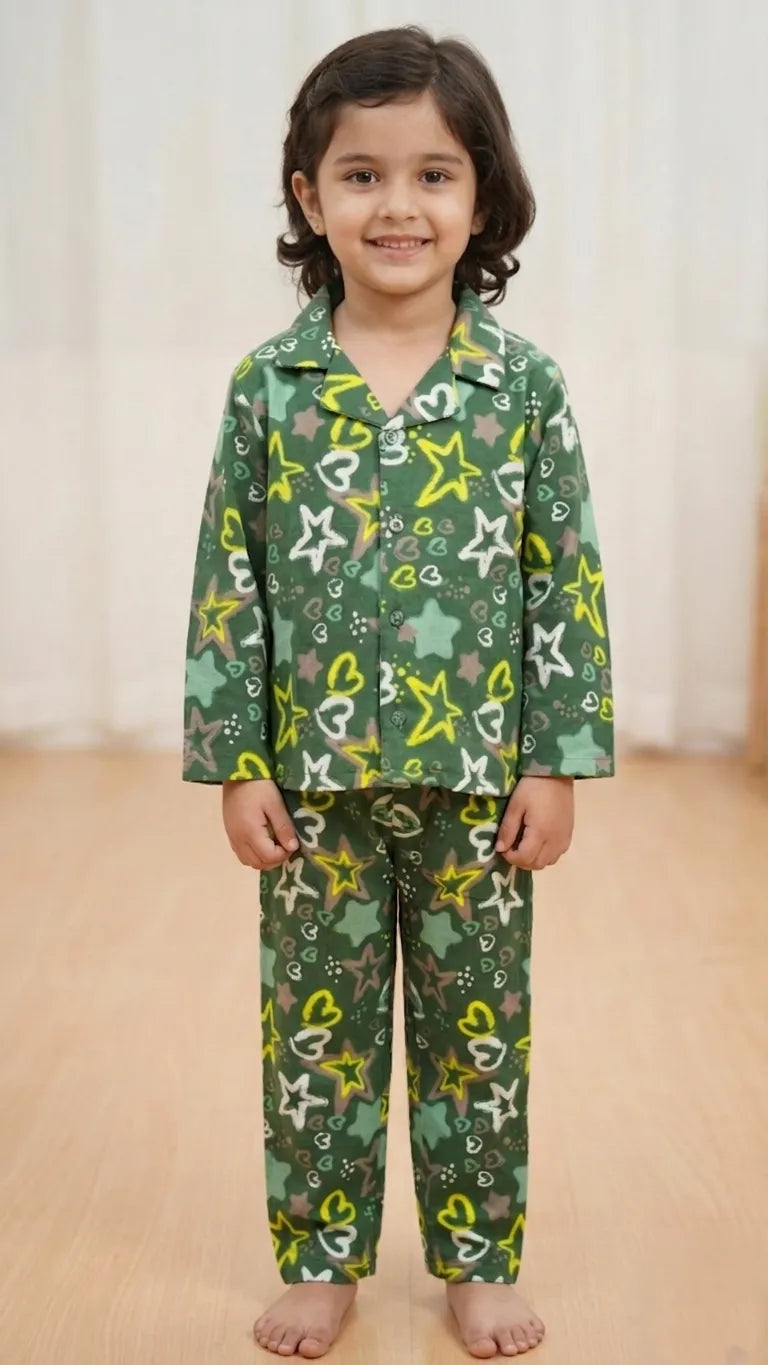 A child wearing an olive green cotton night suit with a yellow and white star and heart print.
