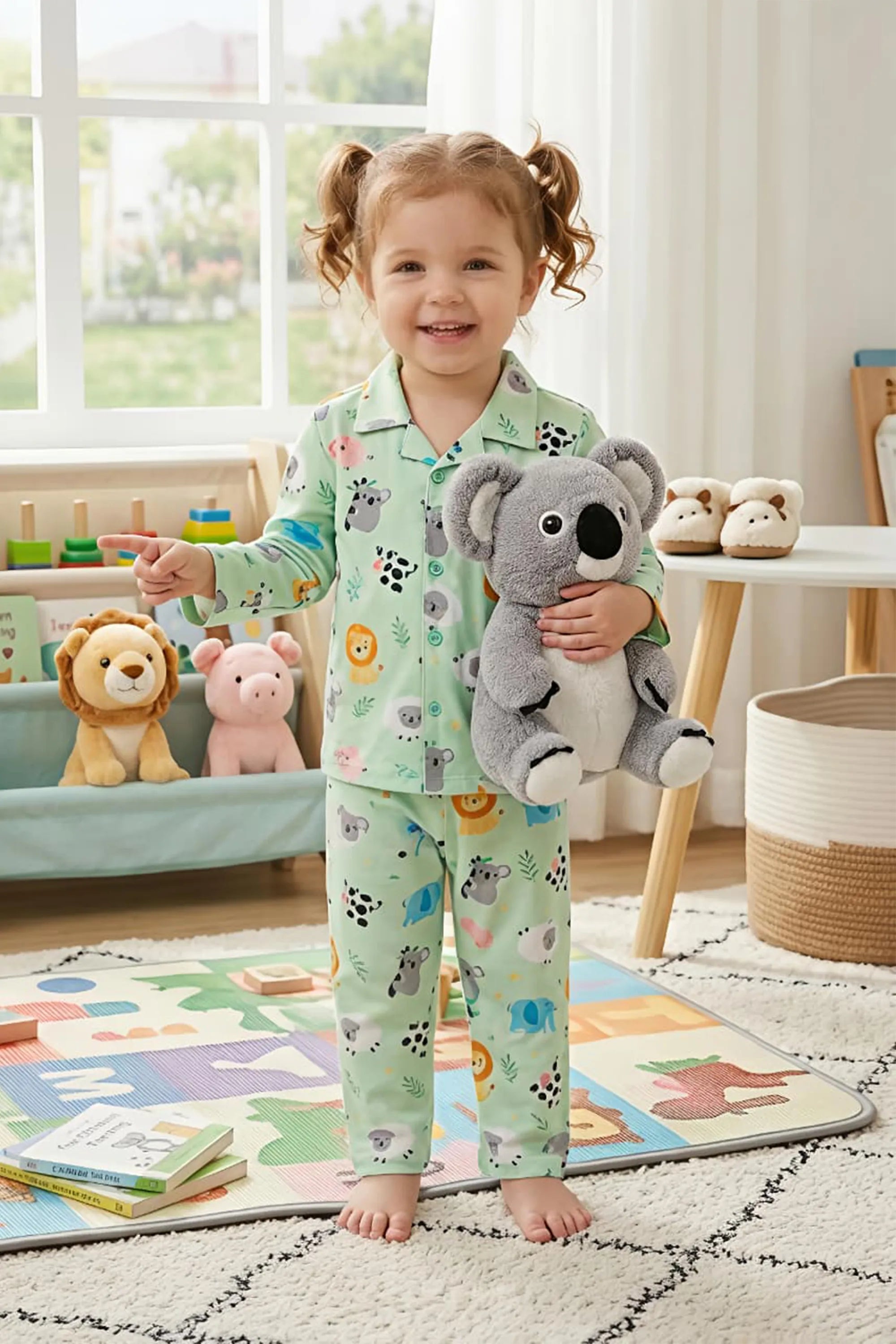 A smiling toddler wearing light green long-sleeved pajamas with a koala print, holding a plush koala toy in a bright playroom with a colorful rug and toys.