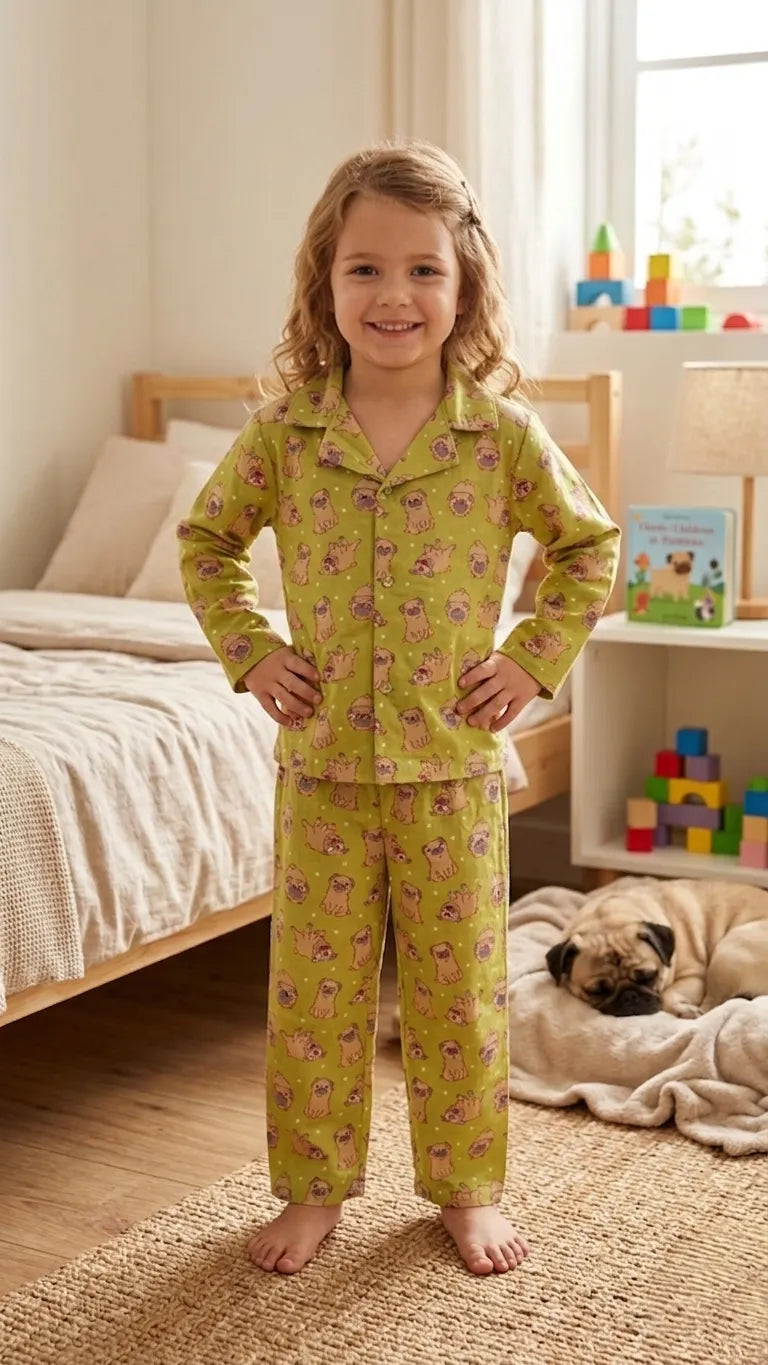 A young girl smiling in a lime green cotton night suit with a pug dog print, standing in a cozy bedroom.
