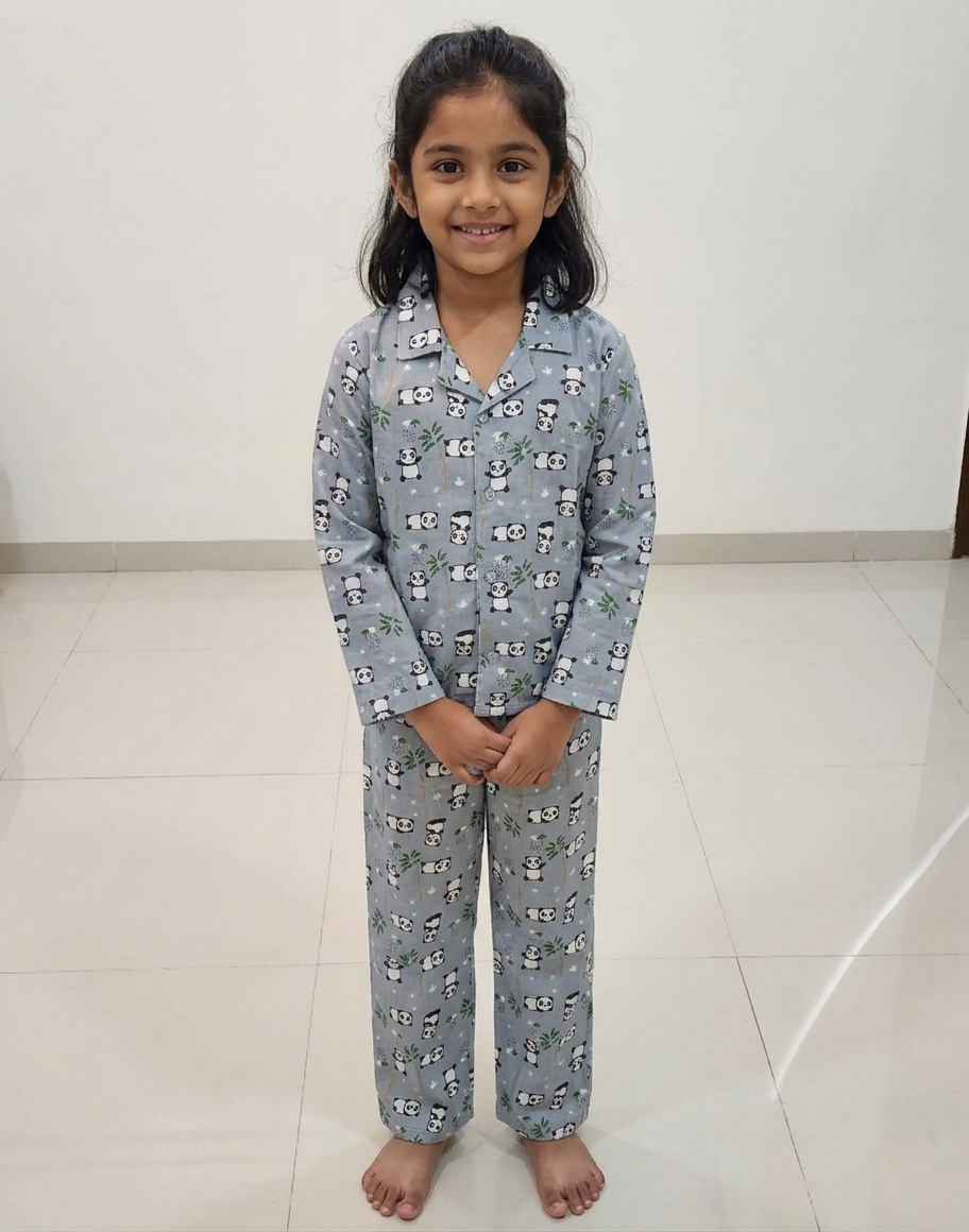 A young girl smiling while wearing a grey, long-sleeved night suit featuring an all-over black and white panda print with green bamboo accents.
