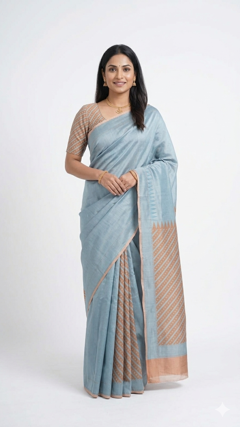 A woman smiling and posing in a light blue silk blend saree with a contrasting peach-colored pallu featuring a geometric pattern, set against a plain white background.
