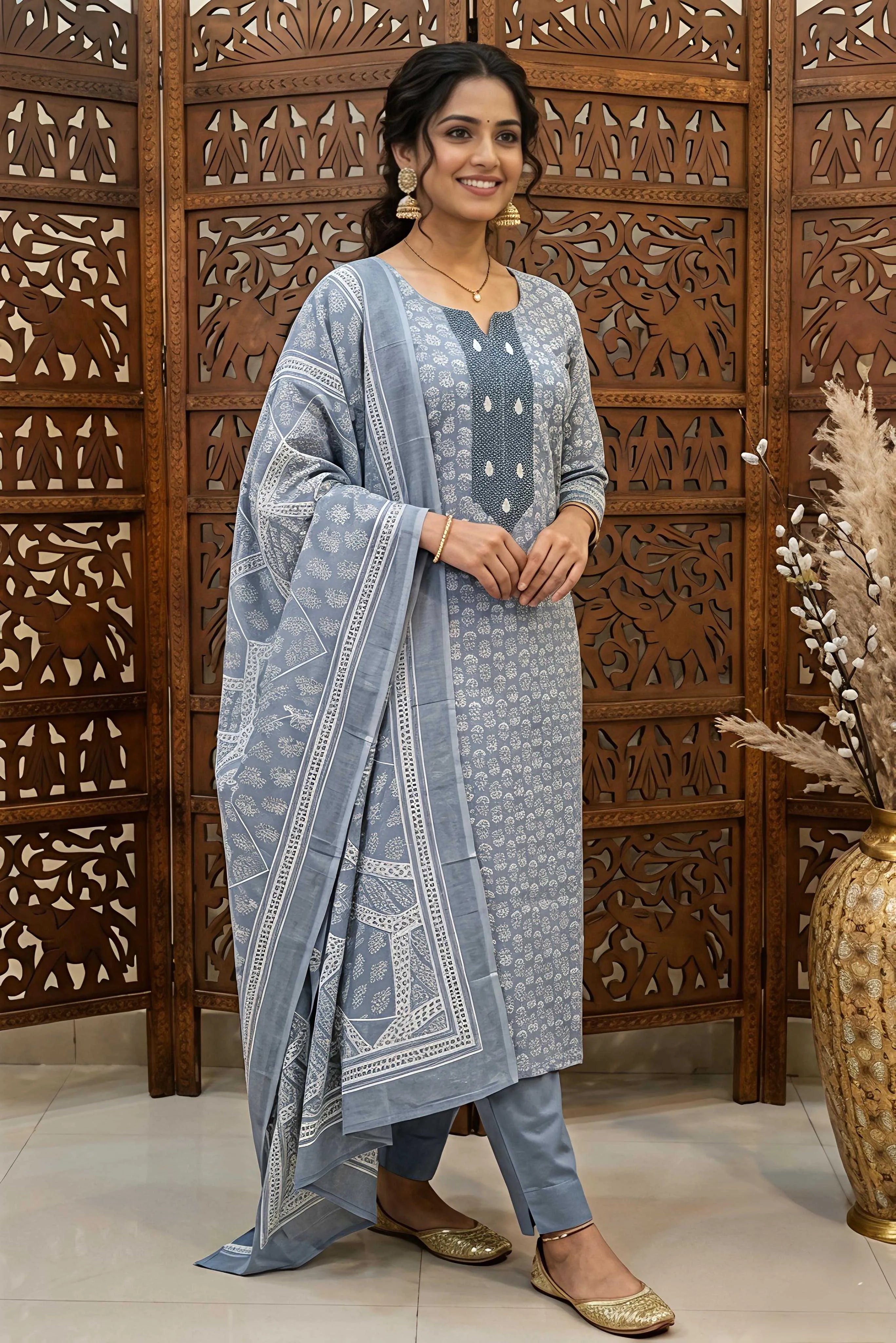 Women Powder Blue & White Floral Printed Unstitched Cotton Dress Material with Embroidered Yoke