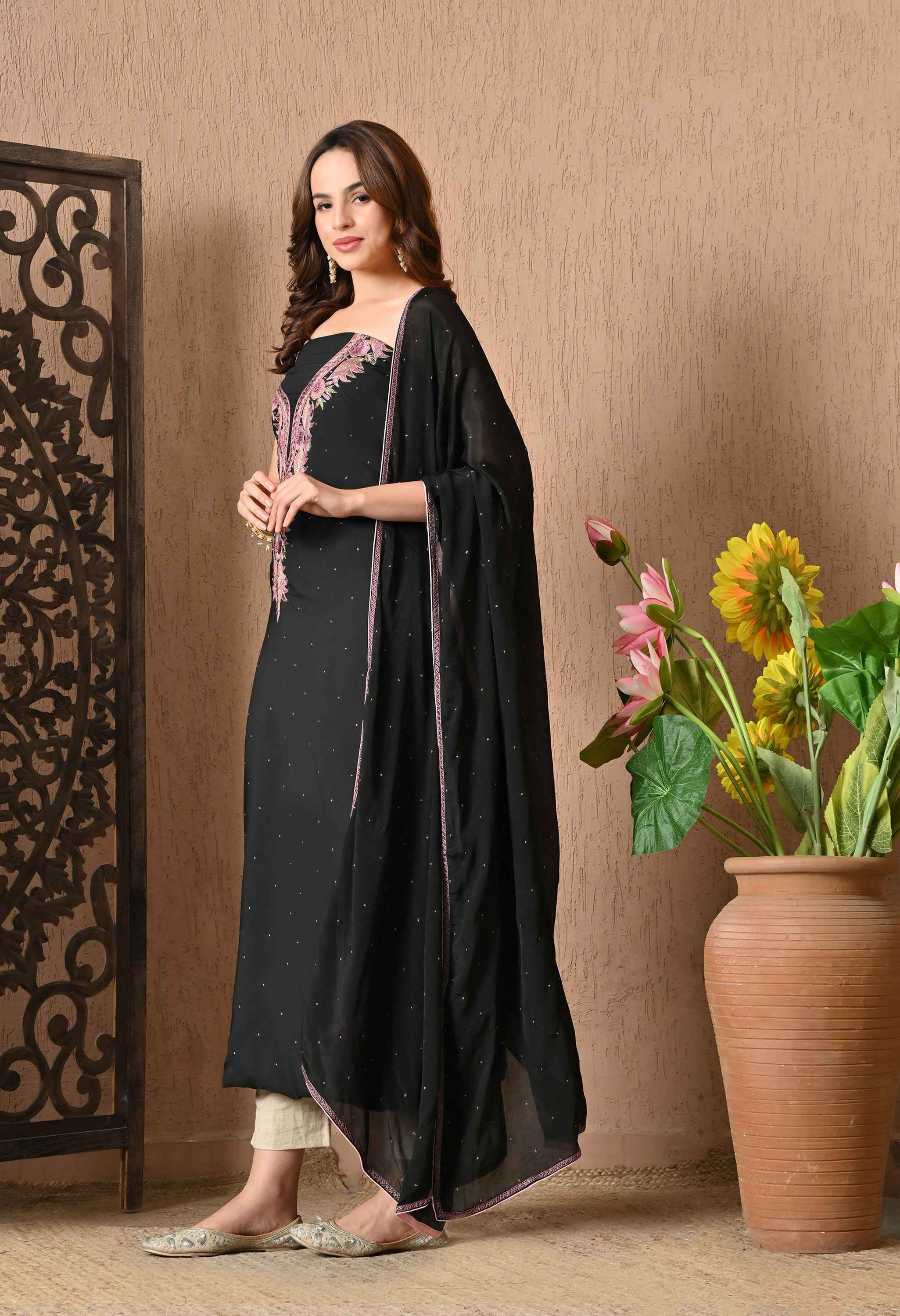 hand embroidered black cotton suit