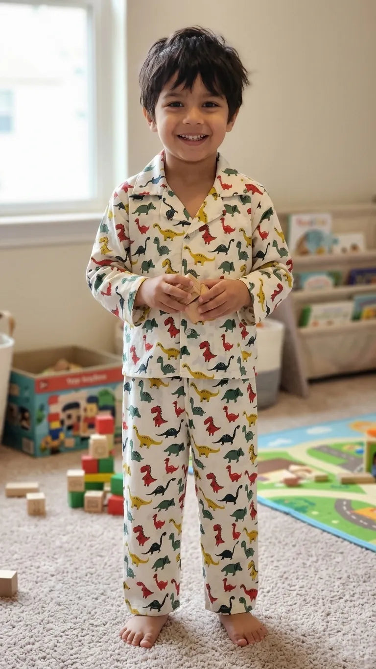 A happy young boy wearing a white notched-collar pajama suit with a colorful all-over dinosaur print, standing in a playroom with building blocks and books in the background.