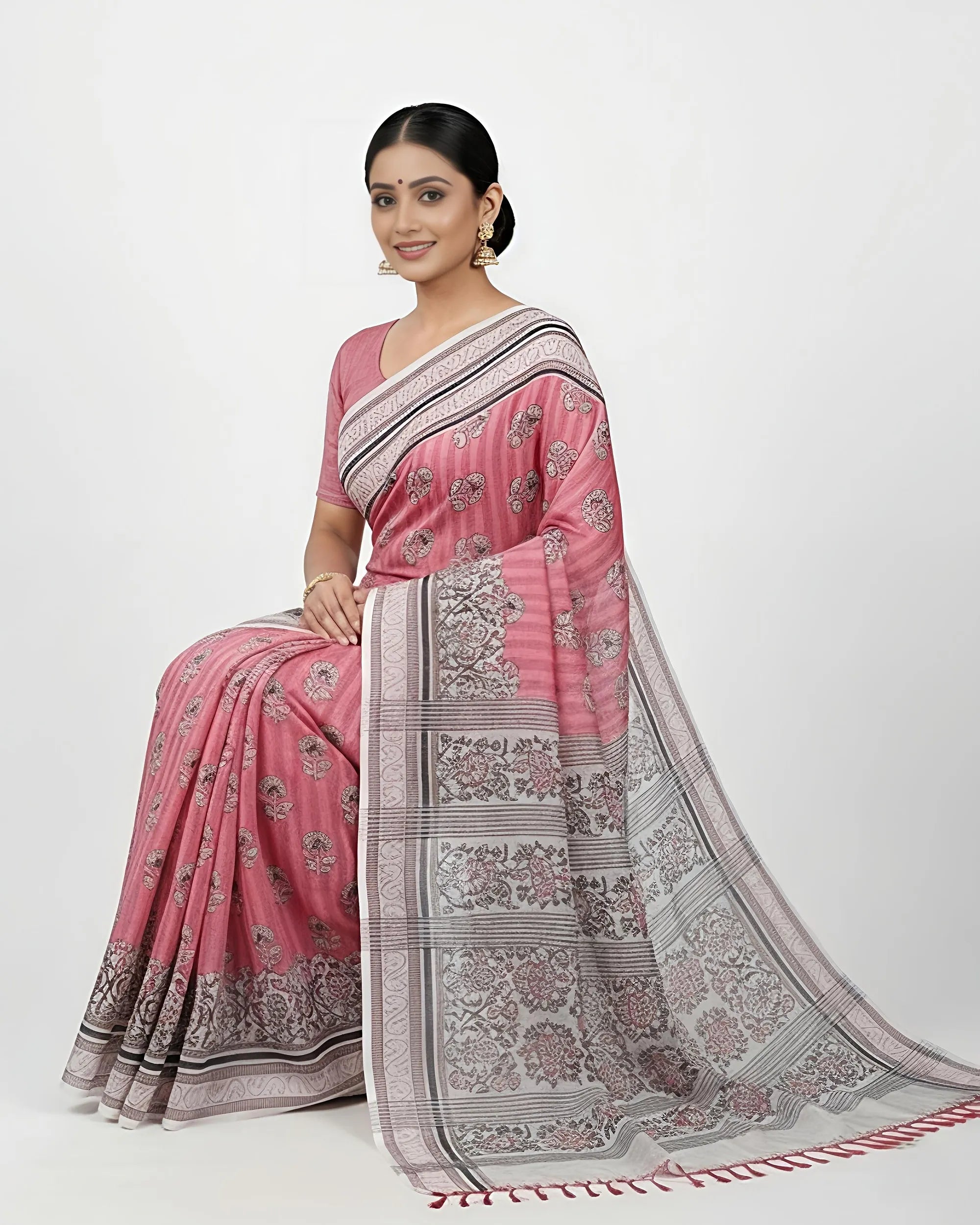 Close-up and seated shots of the pink cotton saree, highlighting the lightweight texture and the artisanal quality of the handblock printing by The Weavers Shop.