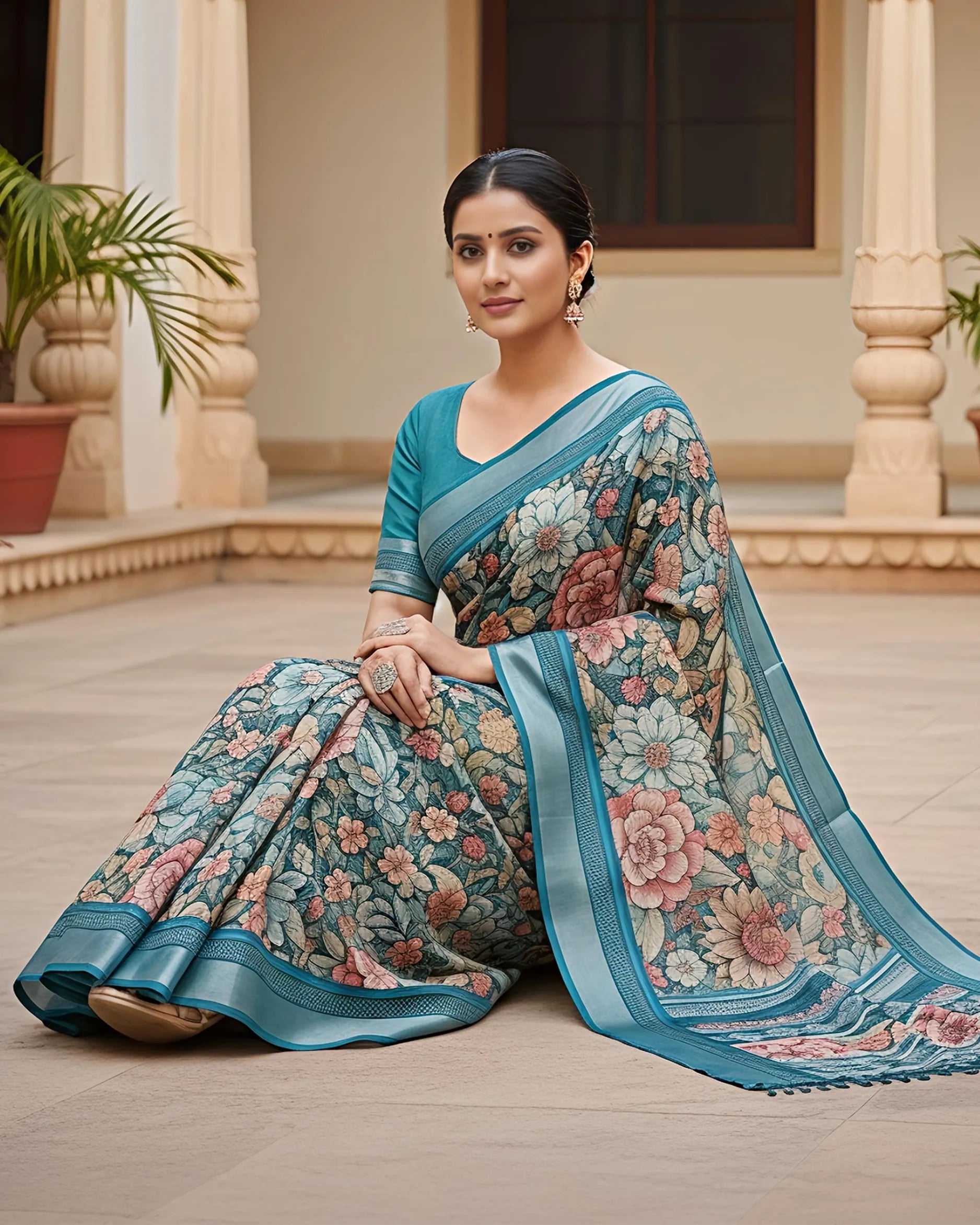 A woman elegantly seated outdoors in a courtyard wearing a The Weavers Shop cotton saree. The teal fabric is draped to showcase the dense floral pattern and the soft, breathable texture of the cotton. She is styled with traditional gold Jhumka earrings and a statement cocktail ring.