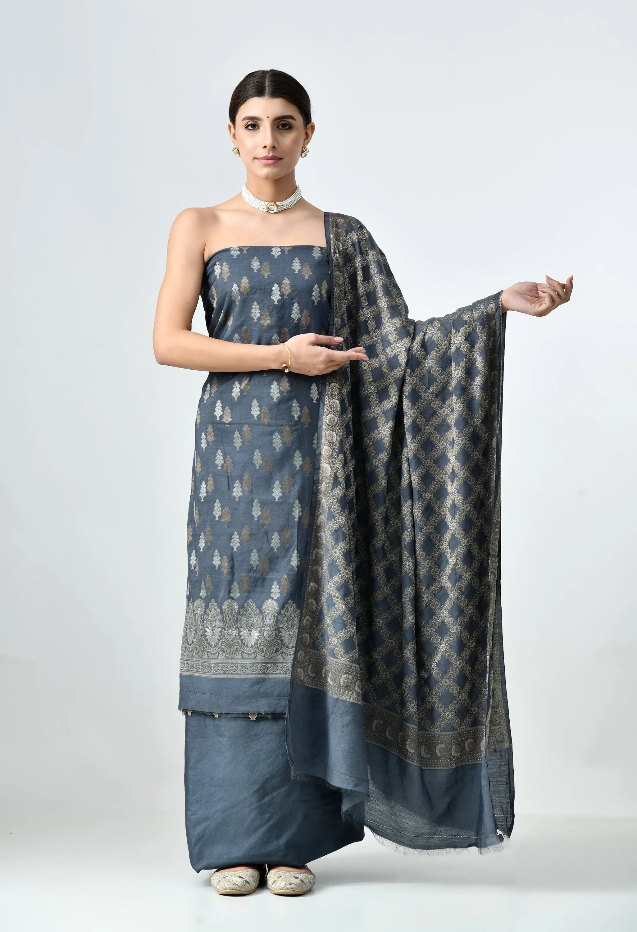 Grey Muga Silk Unstitched Banarasi Suit Set