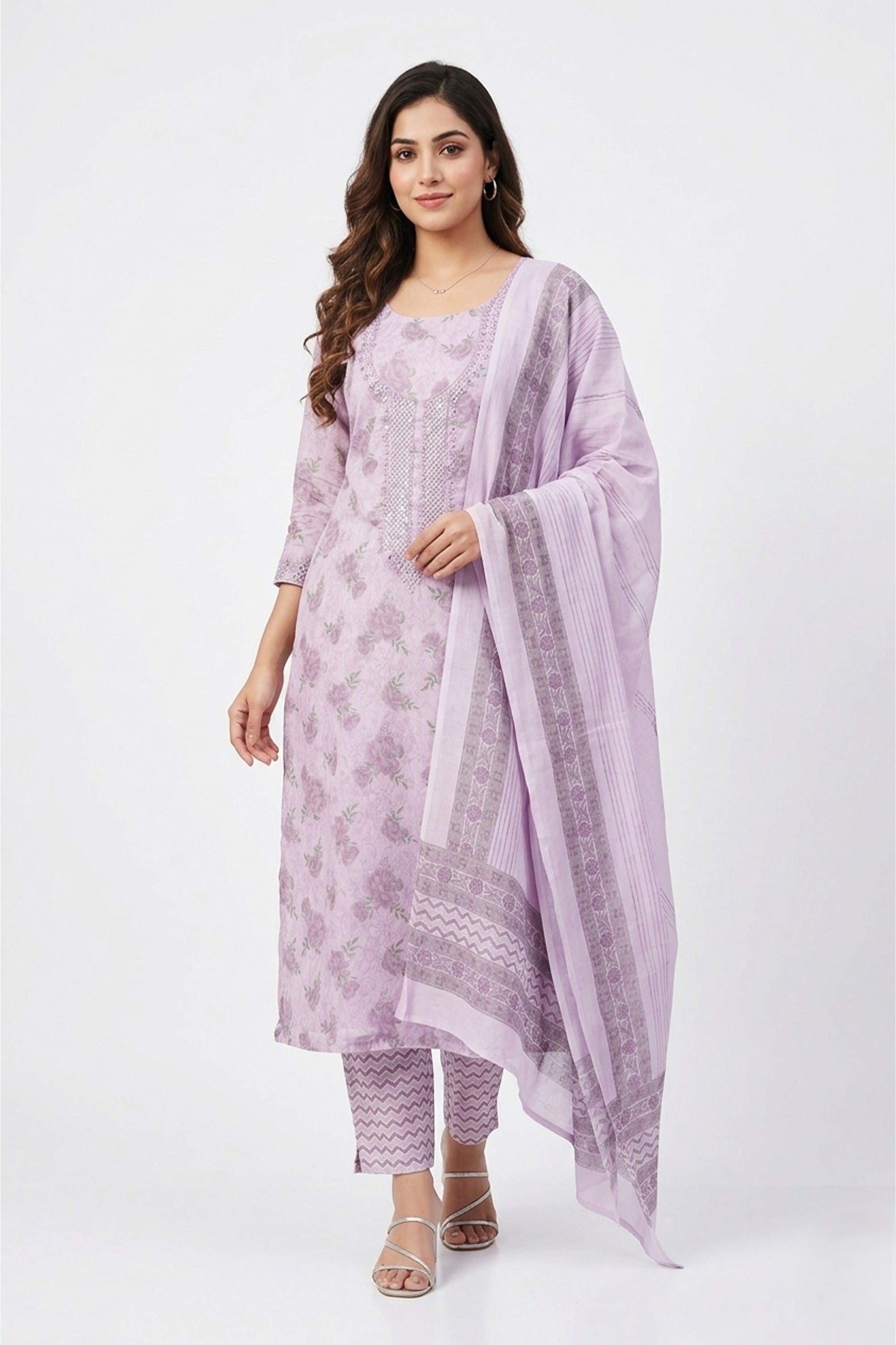 A lavender cotton unstitched suit with a purple floral print and sequin-embroidered neckline, paired with a matching dupatta and chevron-print bottom fabric.
