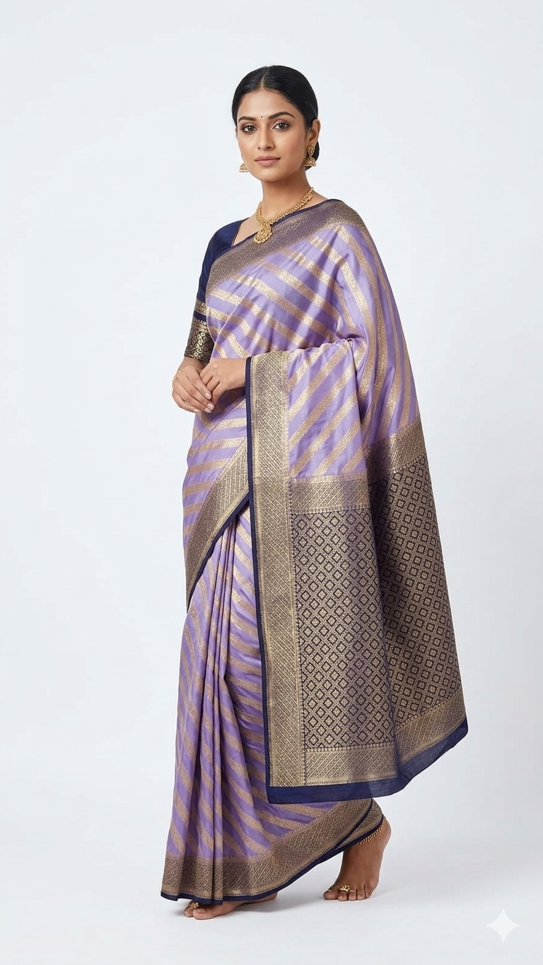  woman wearing alavender silk blend Banarasi saree with a gold zari grid pattern and a broad, intricate gold-toned border, paired with a navy blue sleeveless blouse against a plain white background.