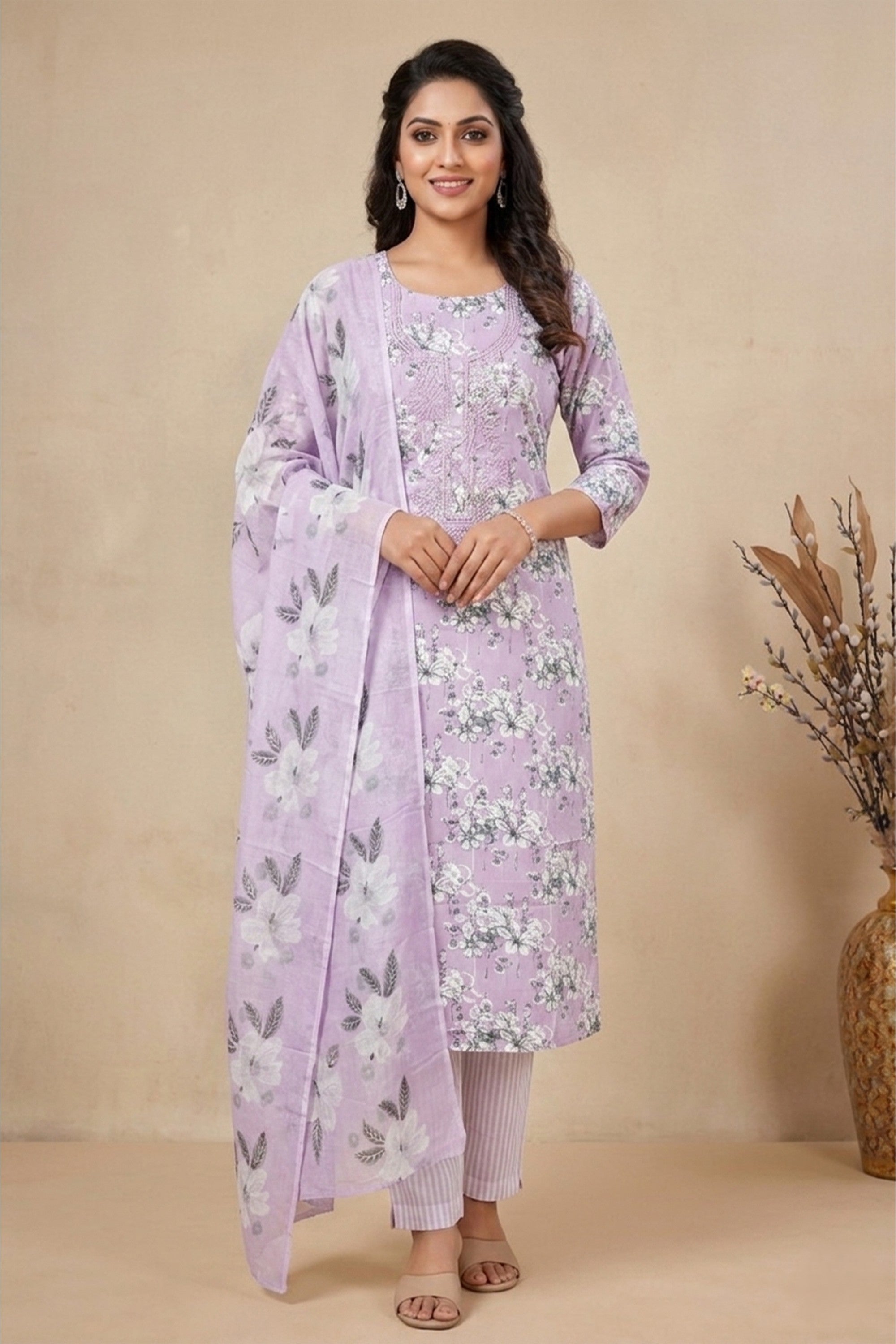 Lavender and white floral printed cotton unstitched suit fabric on a mannequin with an embroidered neck and matching dupatta.
