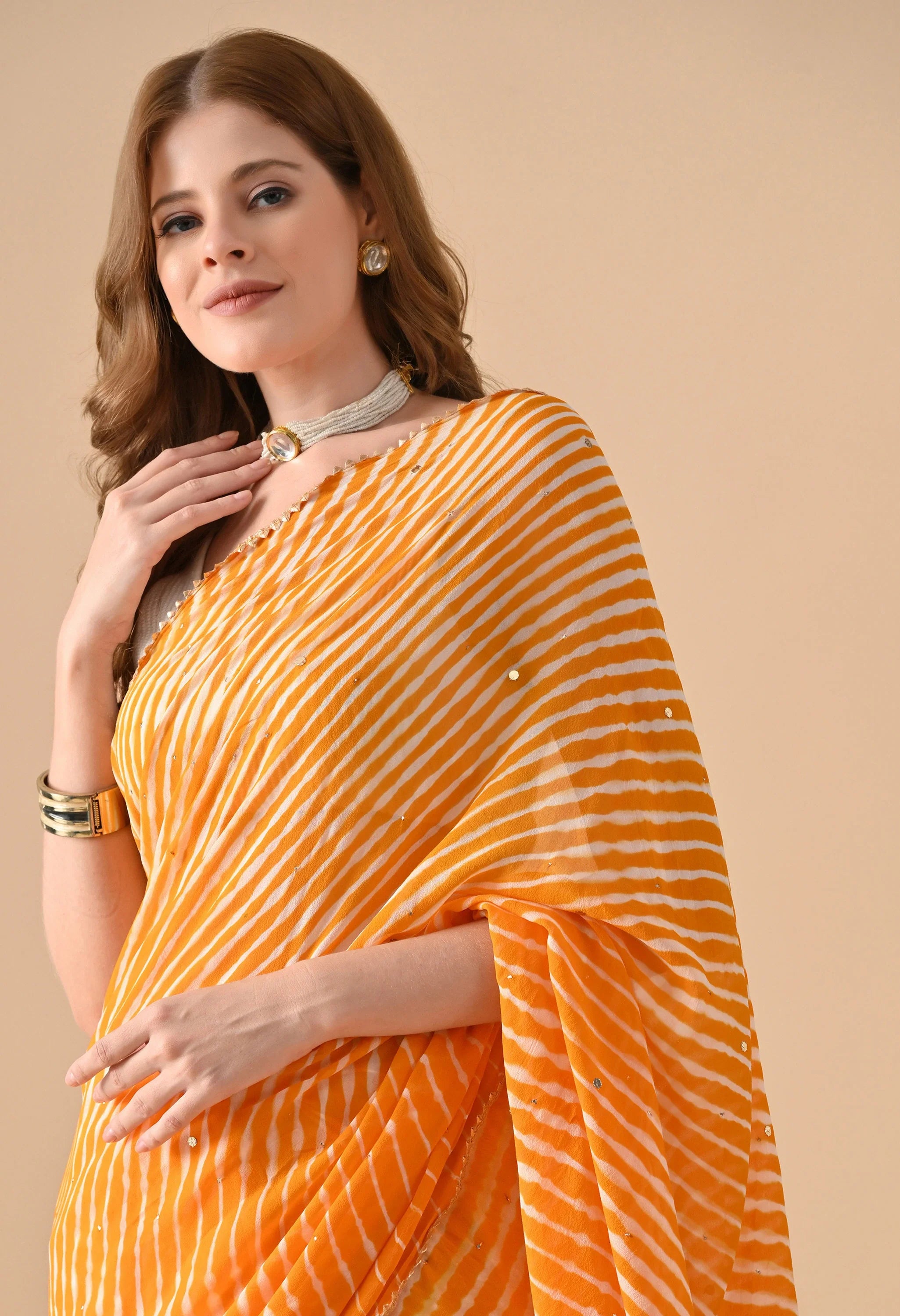 Georgette Lehriya yellow Saree