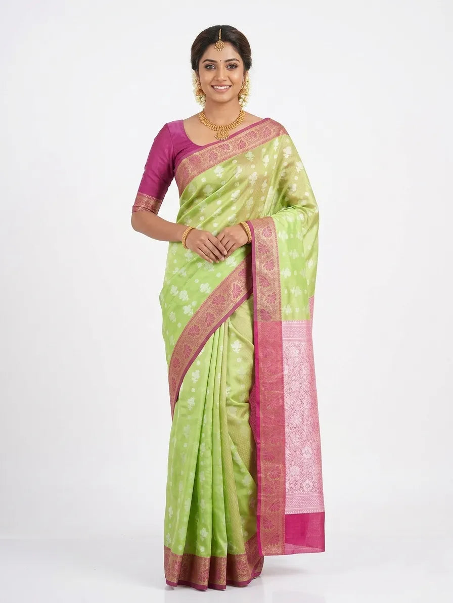 Model wearing a light green and pink Banarasi silk blend saree with woven zari borders and ethnic motifs.