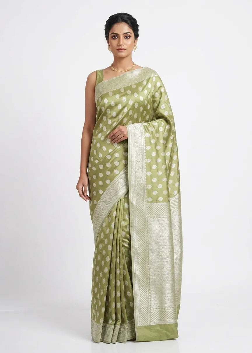 Woman in an olive green and silver woven Banarasi silk blend saree with an unstitched blouse piece