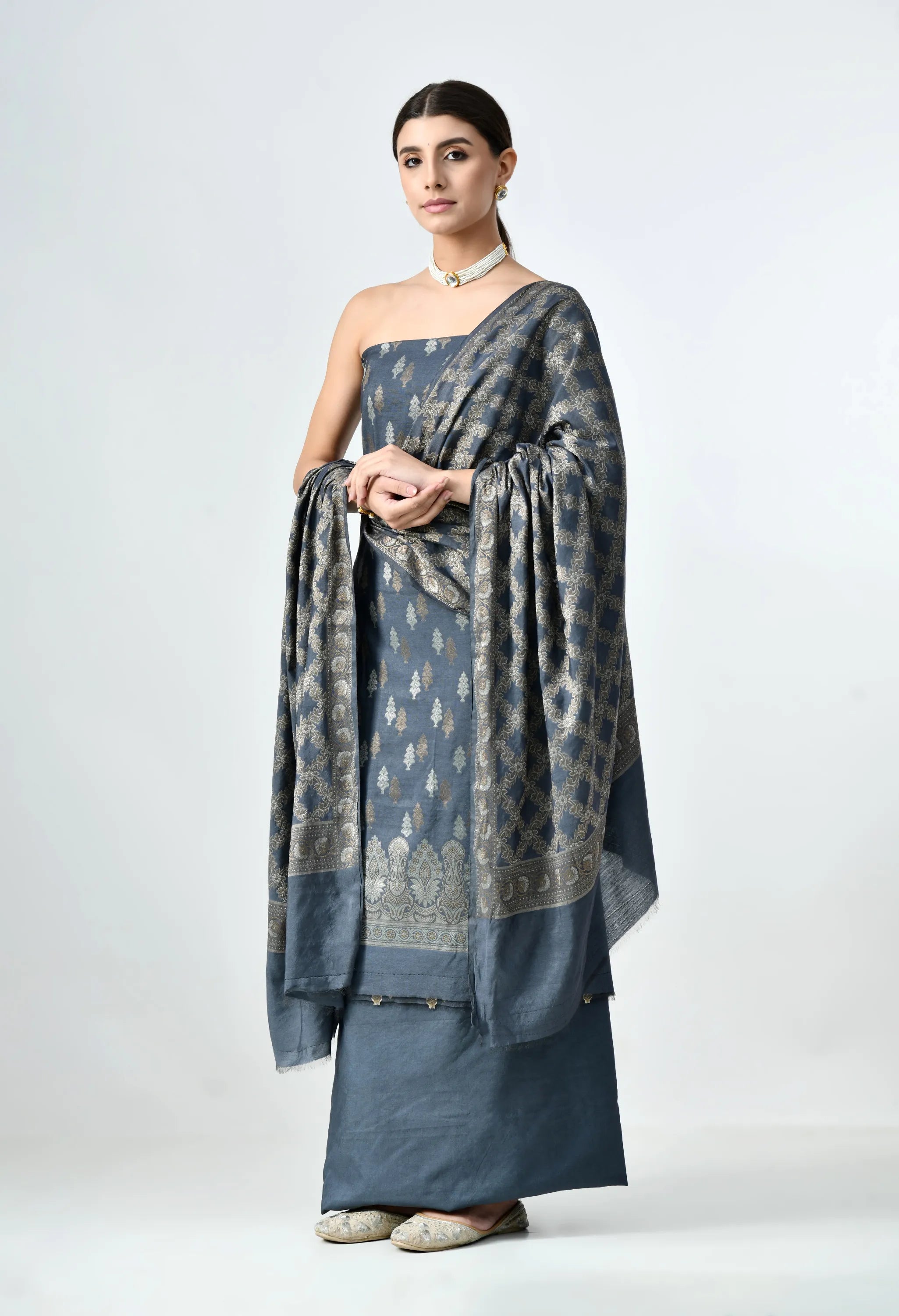 Grey Muga Silk Unstitched Banarasi Suit Set