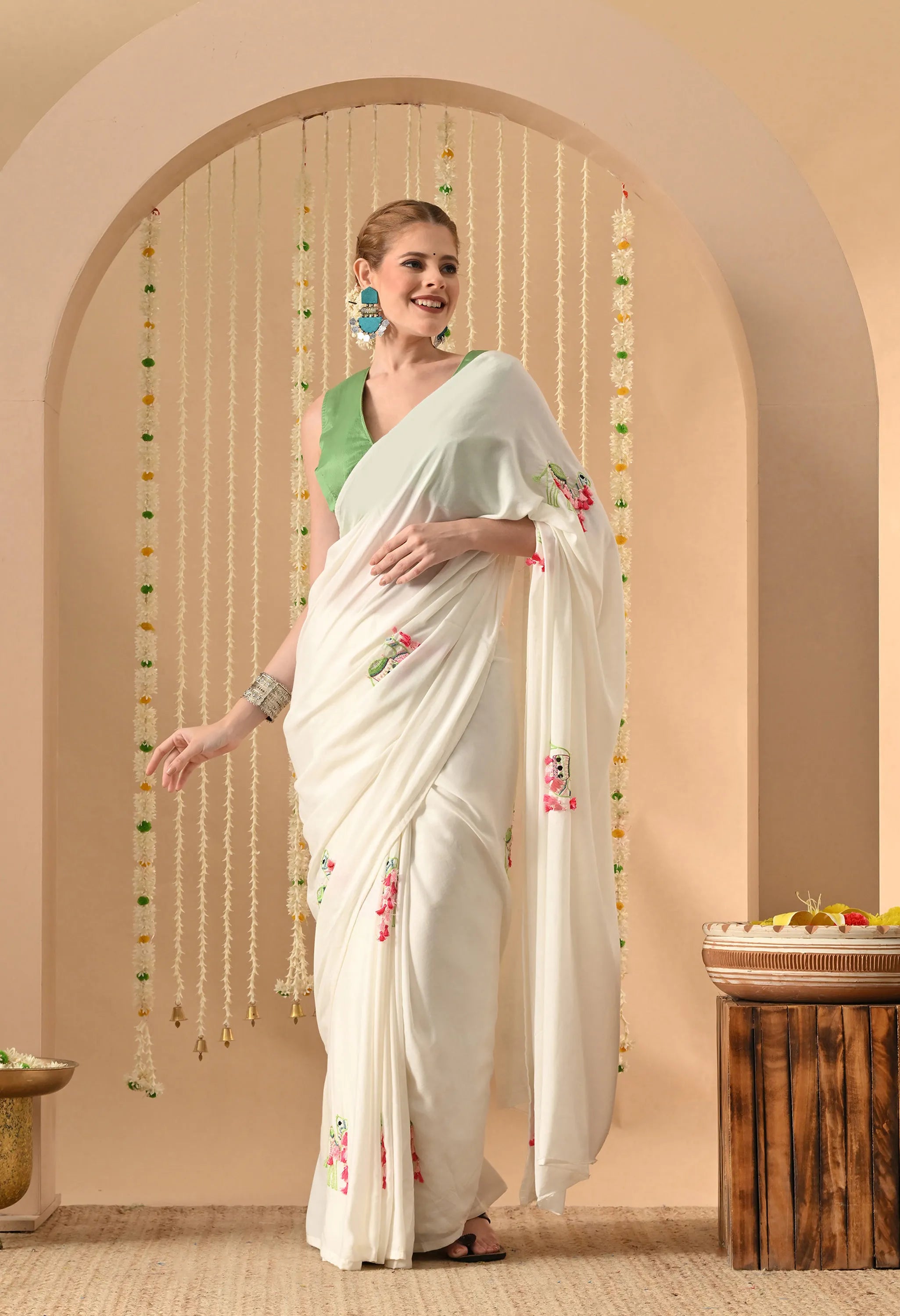 mul cotton white sari with hand embroidery work