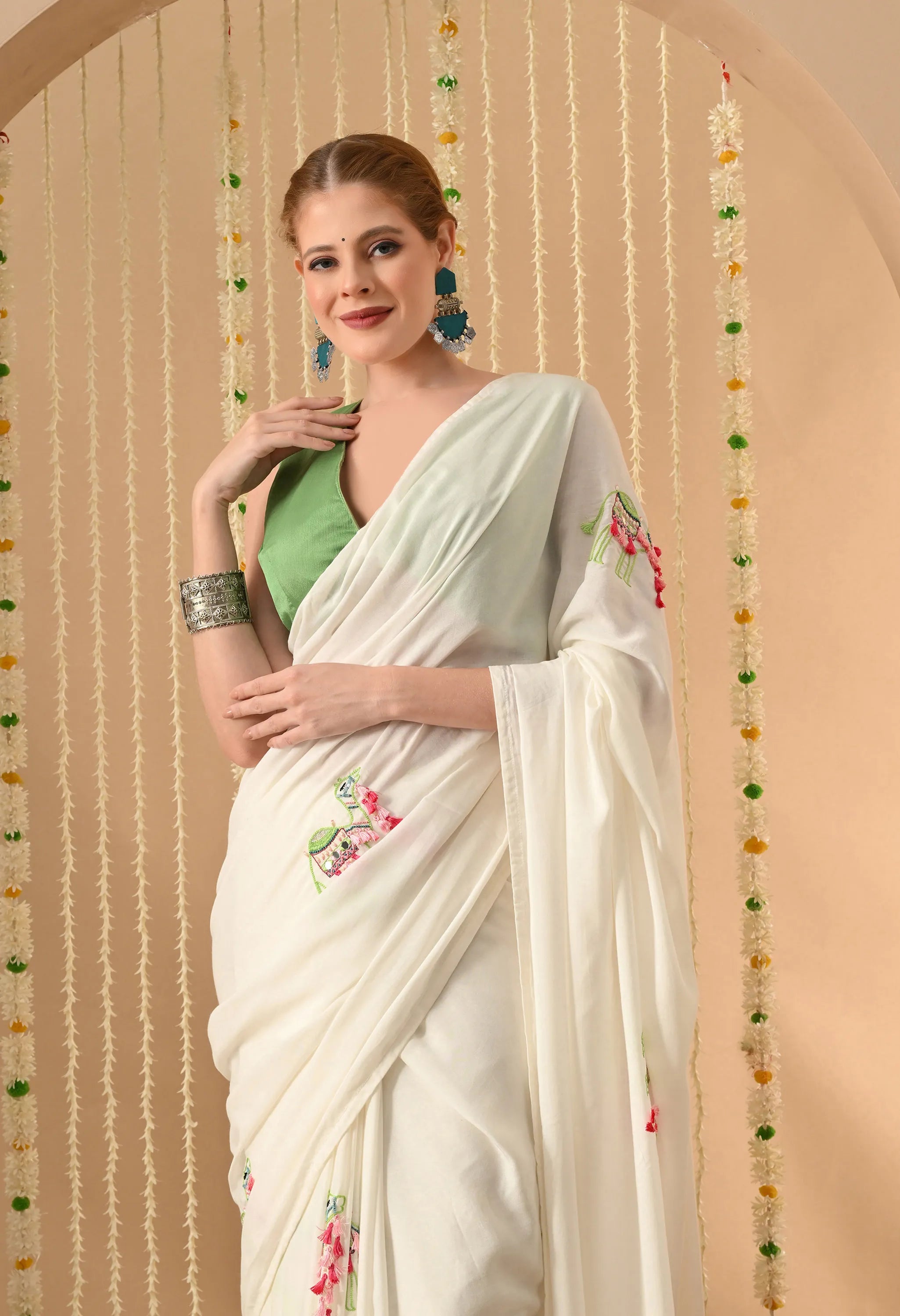 mul cotton white sari with hand embroidery work