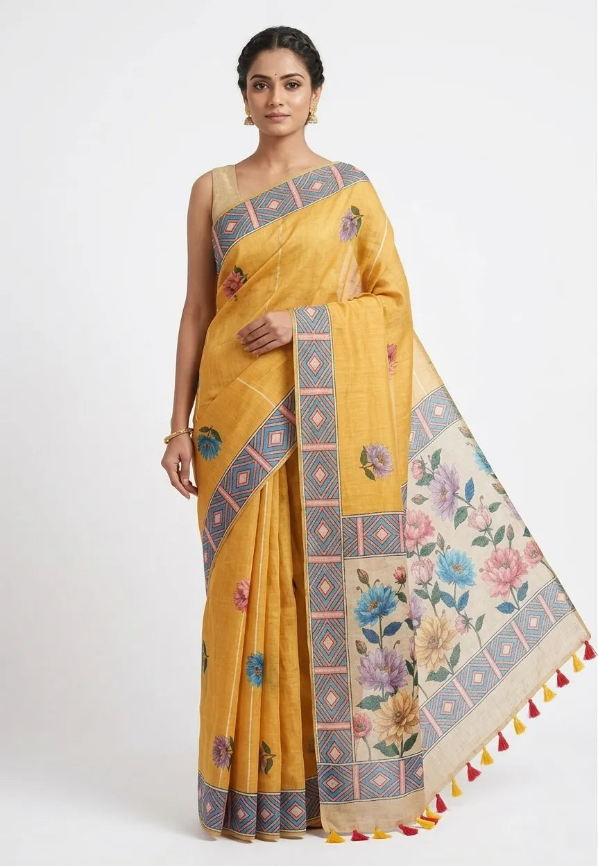A woman posing in a mustard yellow cotton saree with a beige floral printed pallu, geometric borders, and colorful tassels.
