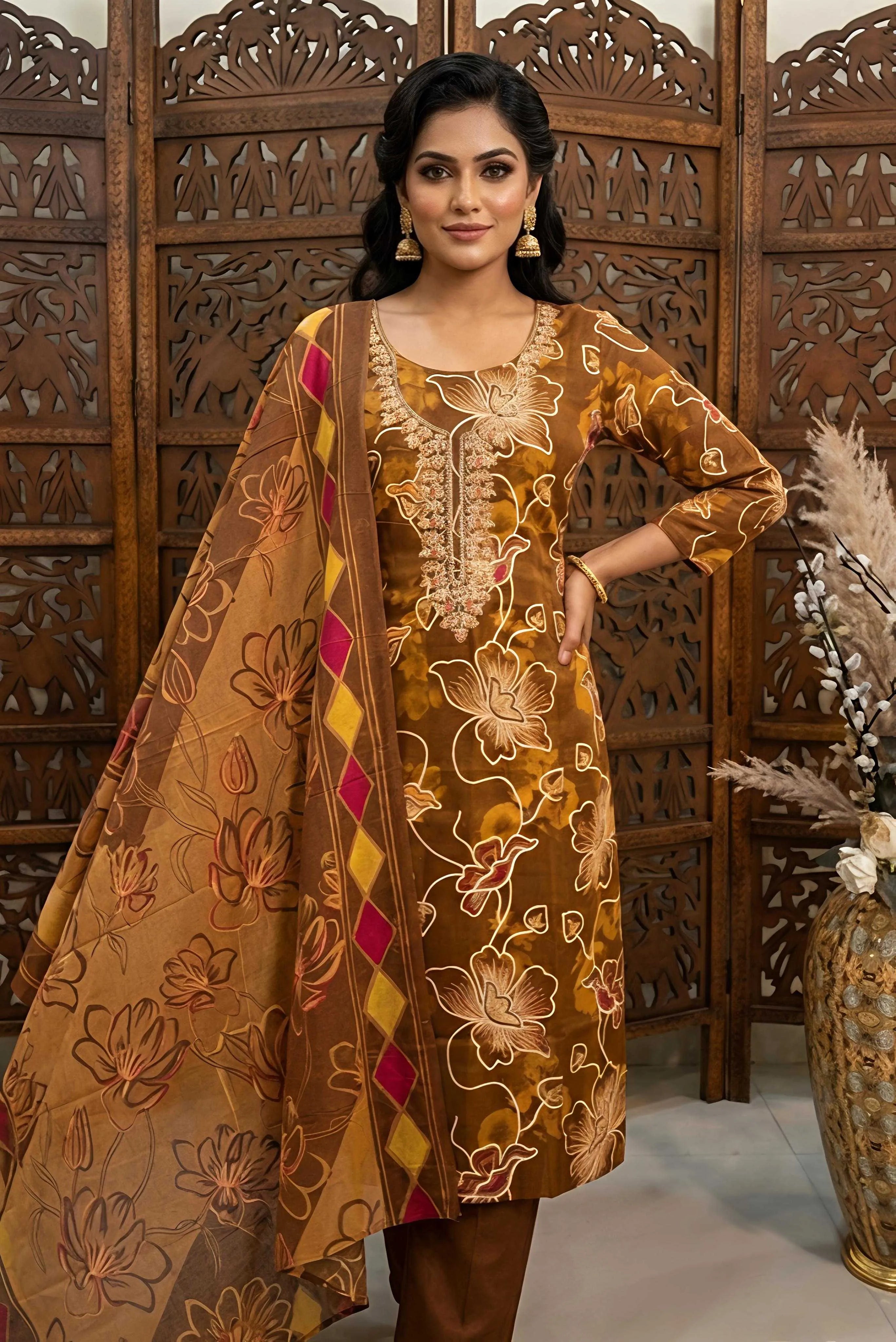 Brown and mustard floral printed unstitched cotton dress material for women with embroidered neckline and matching dupatta.
