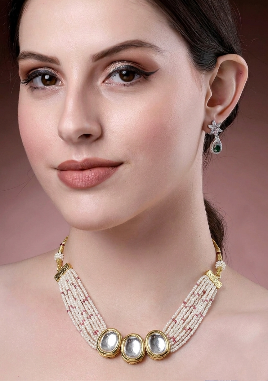 Neklace with three oval Kundan stones and multi-strand white pearls with pink accents.