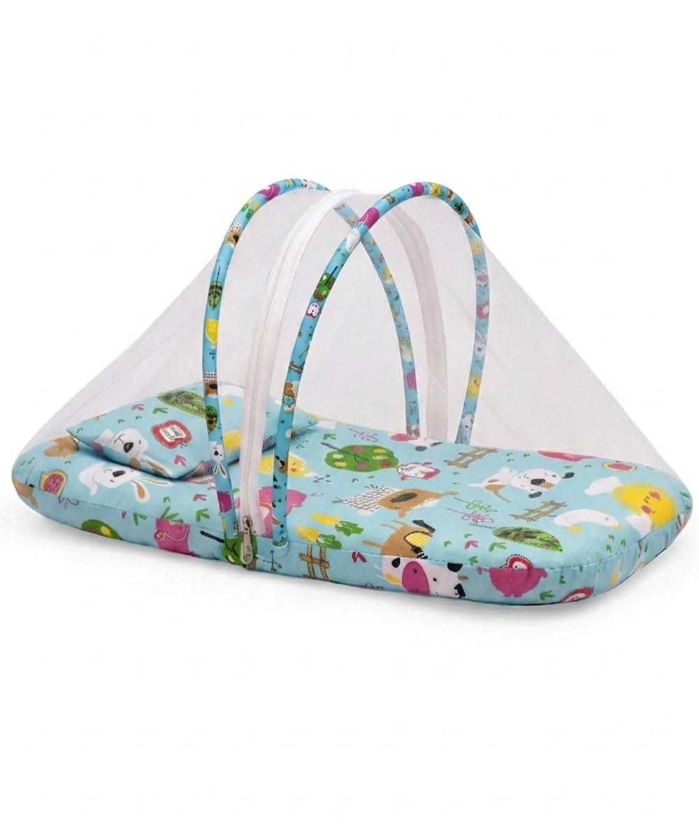 Portable baby mosquito net bed with a skin-friendly cotton mattress and matching neck support pillow, featuring a breathable fine mesh and secure U-shaped zipper closure in a light blue animal print.