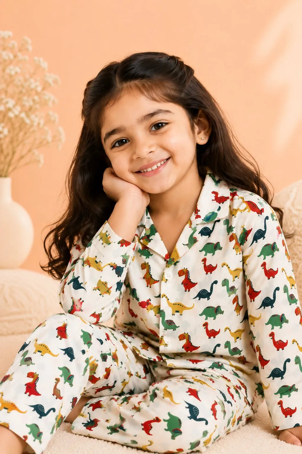 A smiling young girl standing in a playroom wearing a white cotton night suit with a colorful dinosaur print.
