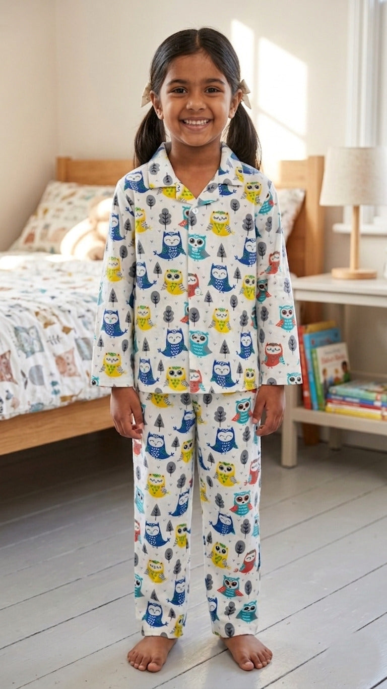 A young girl smiling in a bedroom setting, wearing a white cotton night suit with blue and yellow owl prints.
