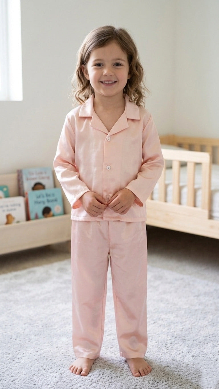 A young girl smiling in a bright room wearing a soft peach-colored satin night suit with long sleeves and matching pants.

