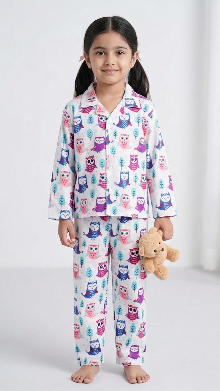 A young girl standing in a white room wearing a white long-sleeved night suit featuring blue, purple, and pink owl prints, holding a small brown teddy bear.

