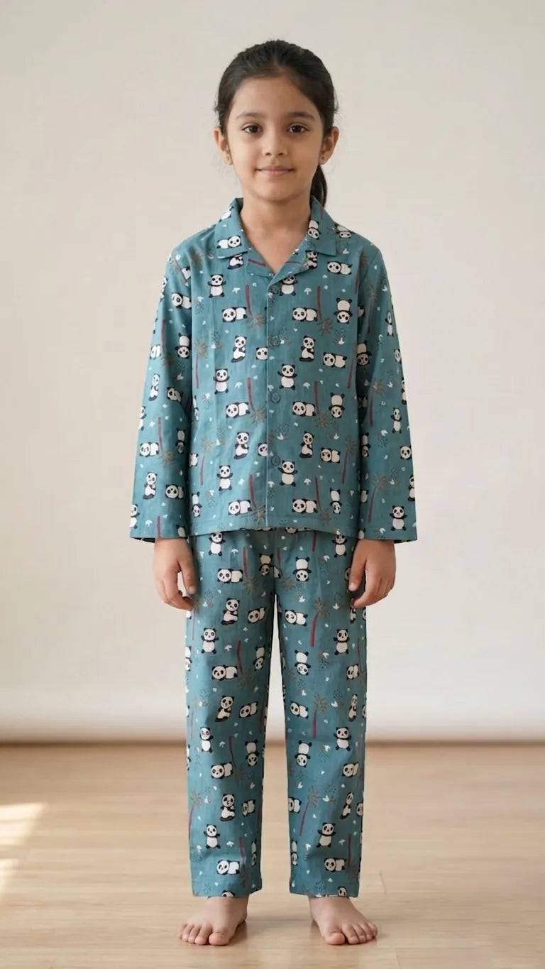 A young girl standing on a light wooden floor, wearing a teal blue satin night suit with a playful panda and bamboo print. The two-piece pajama set features a long-sleeved button-down shirt with a notched collar and matching full-length trousers.