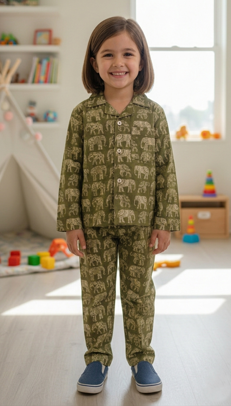 A young girl smiling while wearing a green cotton pajama set featuring an intricate olive-green elephant pattern. She is standing in a brightly lit room with a blurred background of toys and books.