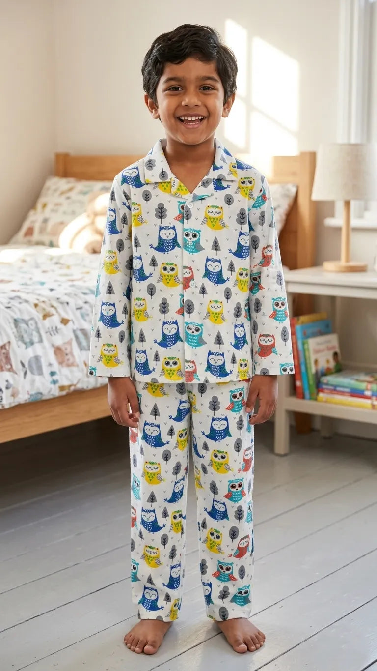 A smiling young boy standing in a brightly lit bedroom, wearing a white cotton notched-collar pajama set featuring an all-over blue and yellow owl print.
