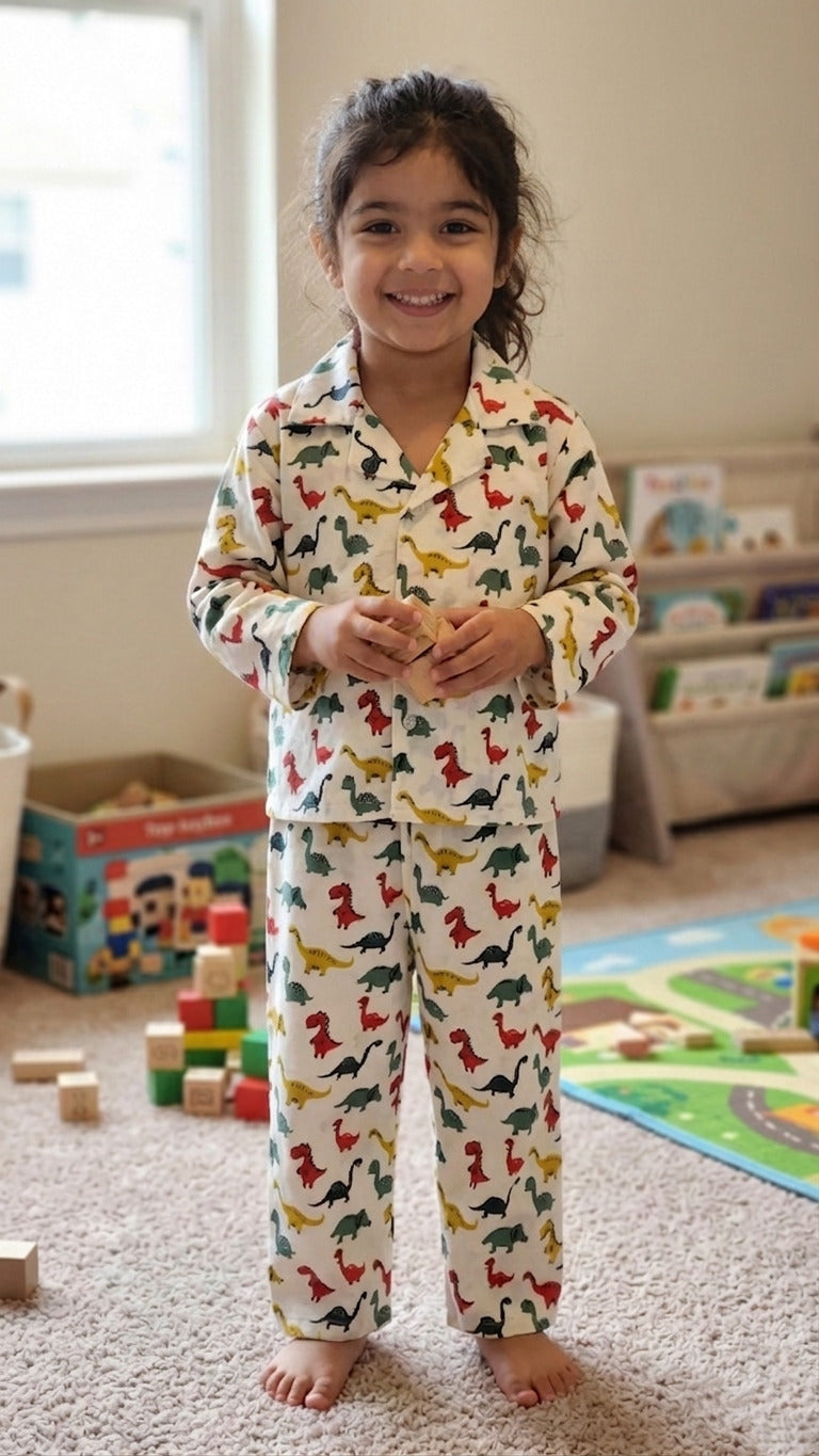 A smiling young girl standing in a playroom wearing a white cotton night suit with a colorful dinosaur print.
