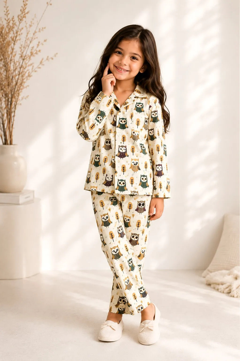 young girl wearing a cream-colored, long-sleeved pajama set featuring an all-over brown owl and tree branch print. The night suit is made of 100% pure cotton and includes a button-down shirt with a notched collar and matching straight-leg trousers.