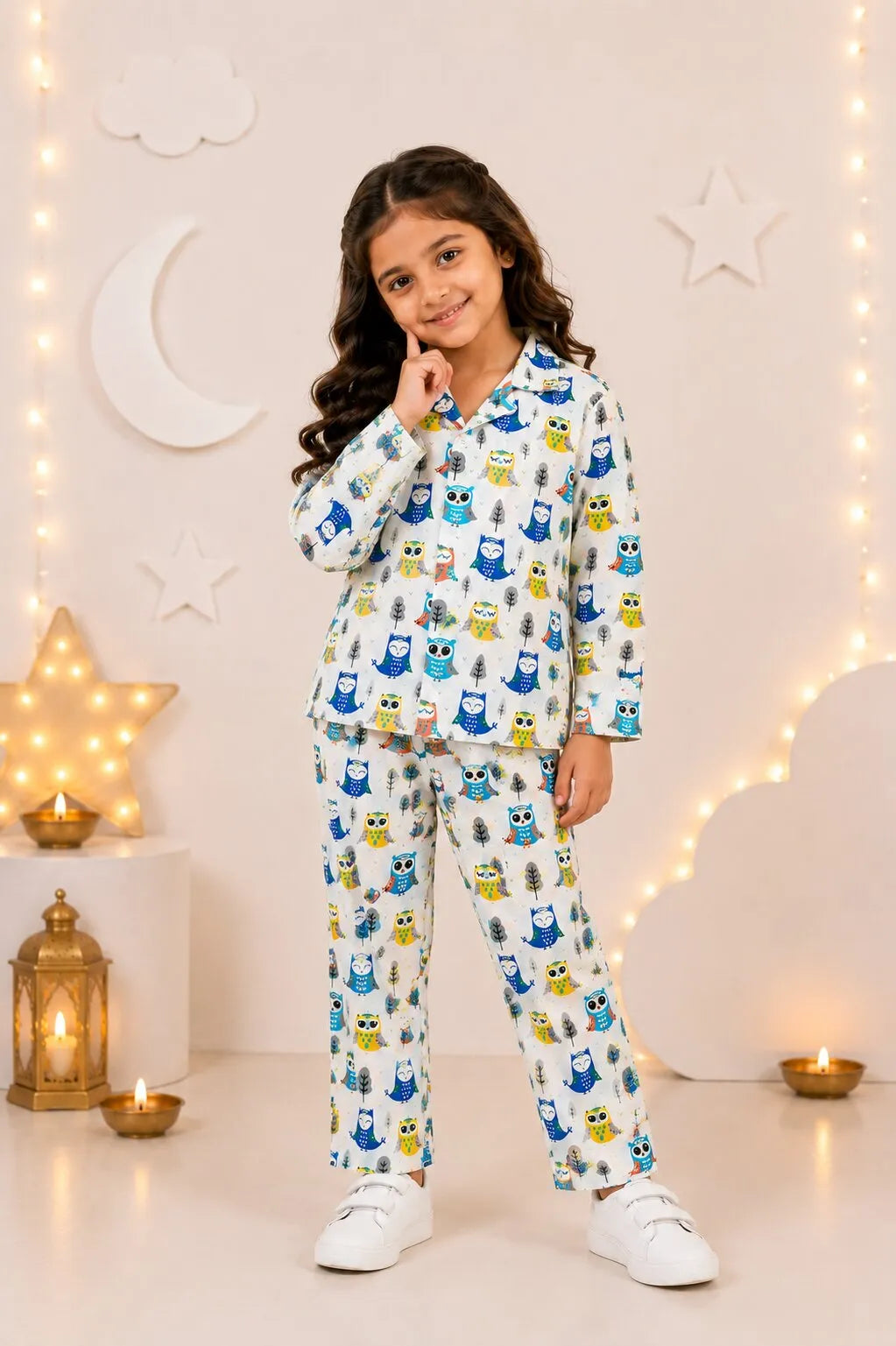 A young girl smiling in a bedroom setting, wearing a white cotton night suit with blue and yellow owl prints.