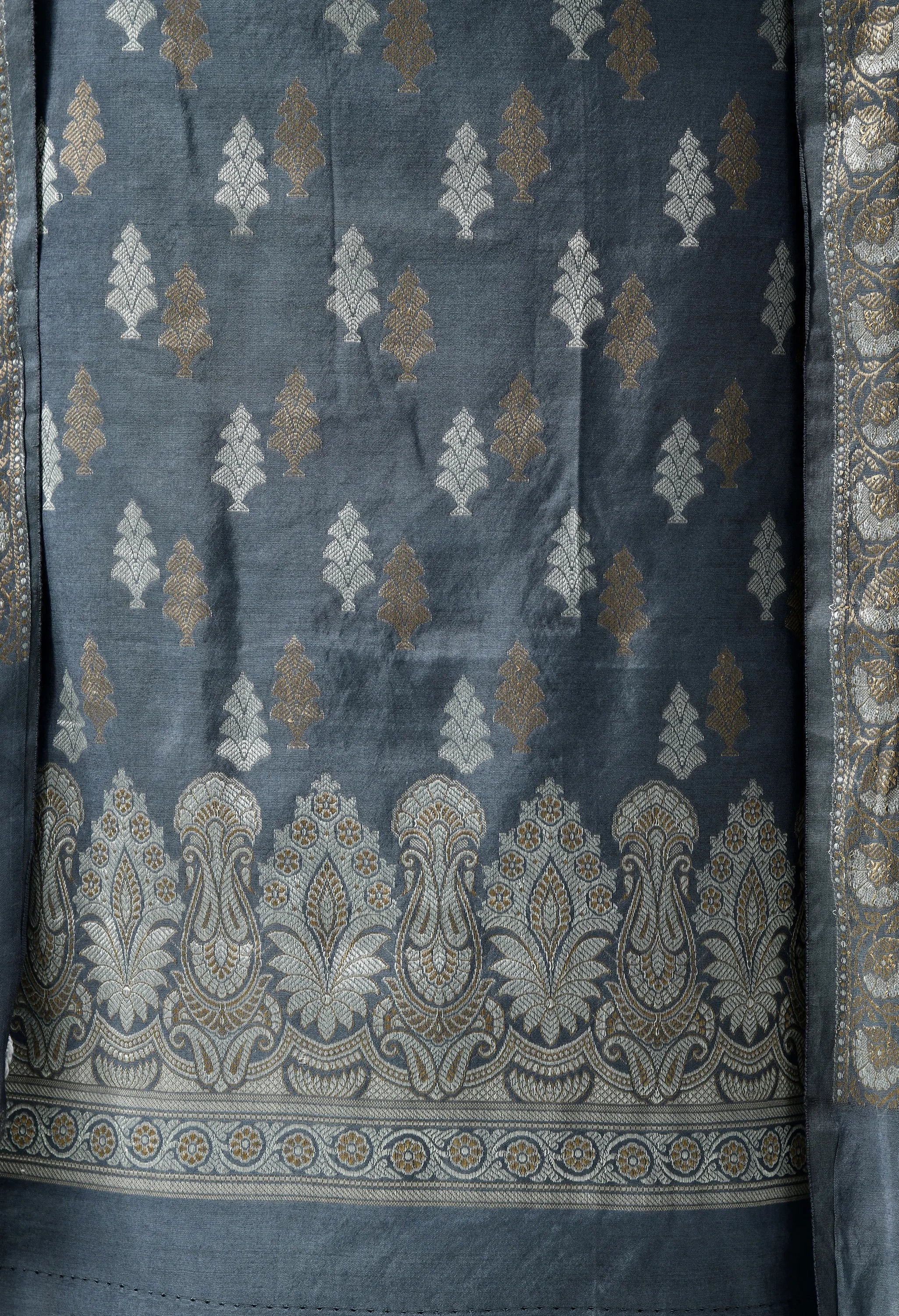 Grey Muga Silk Unstitched Banarasi Suit Set