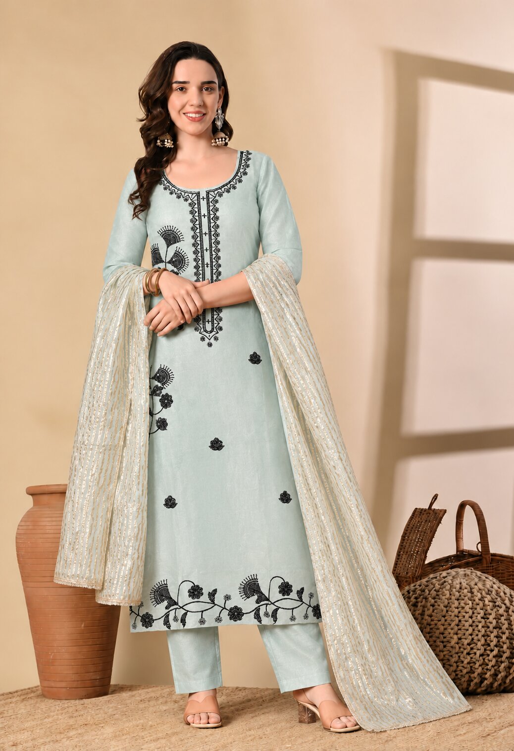 Pastel mint green straight-fit kurta suit set featuring black floral embroidery on the neckline, front, and hem, paired with matching straight pants and a cream-gold dupatta with subtle shimmering stripes.