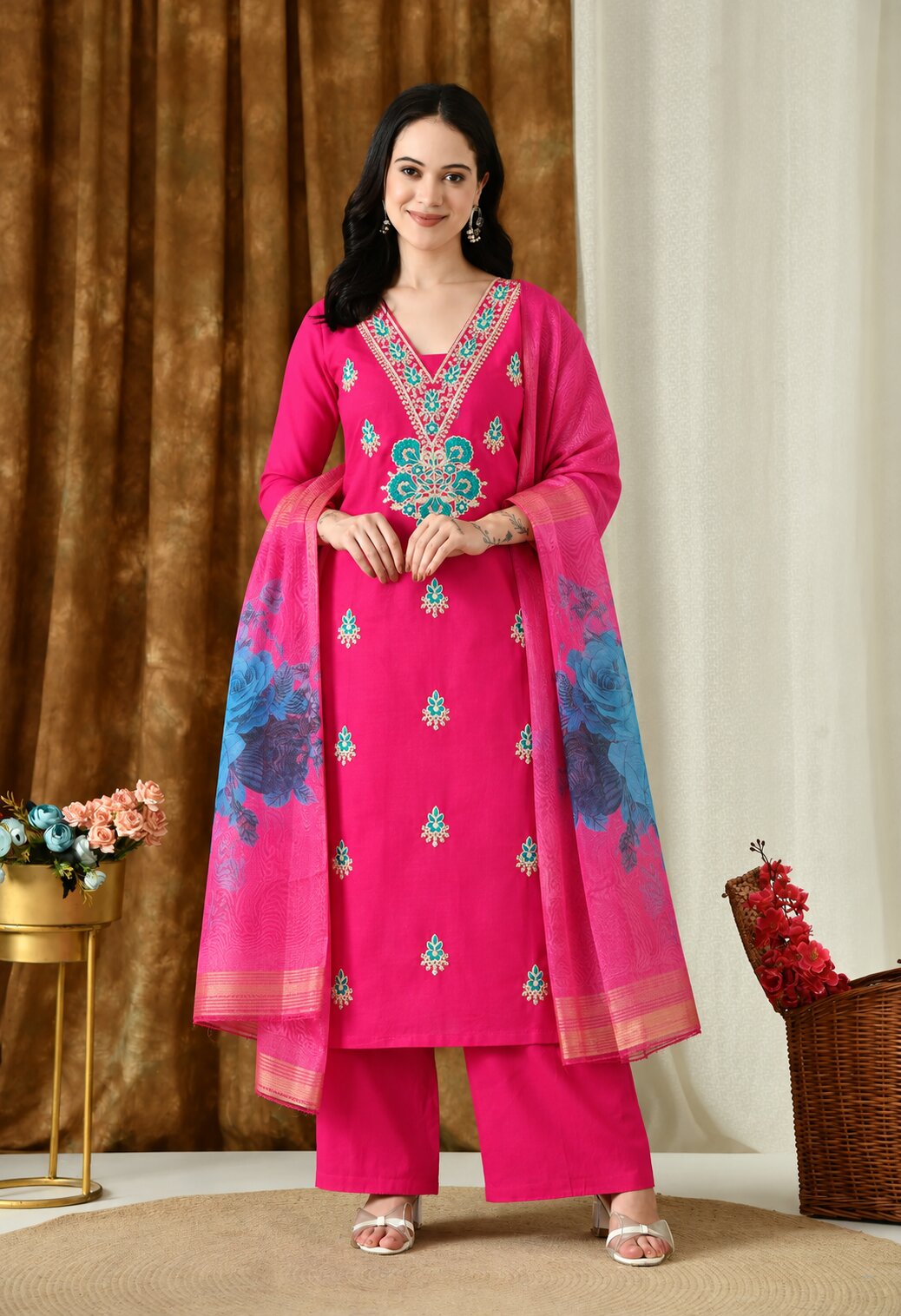 Pink embroidered kurta set with turquoise floral embroidery, matching pink palazzo pants, and a pink dupatta featuring blue floral prints and golden borders.