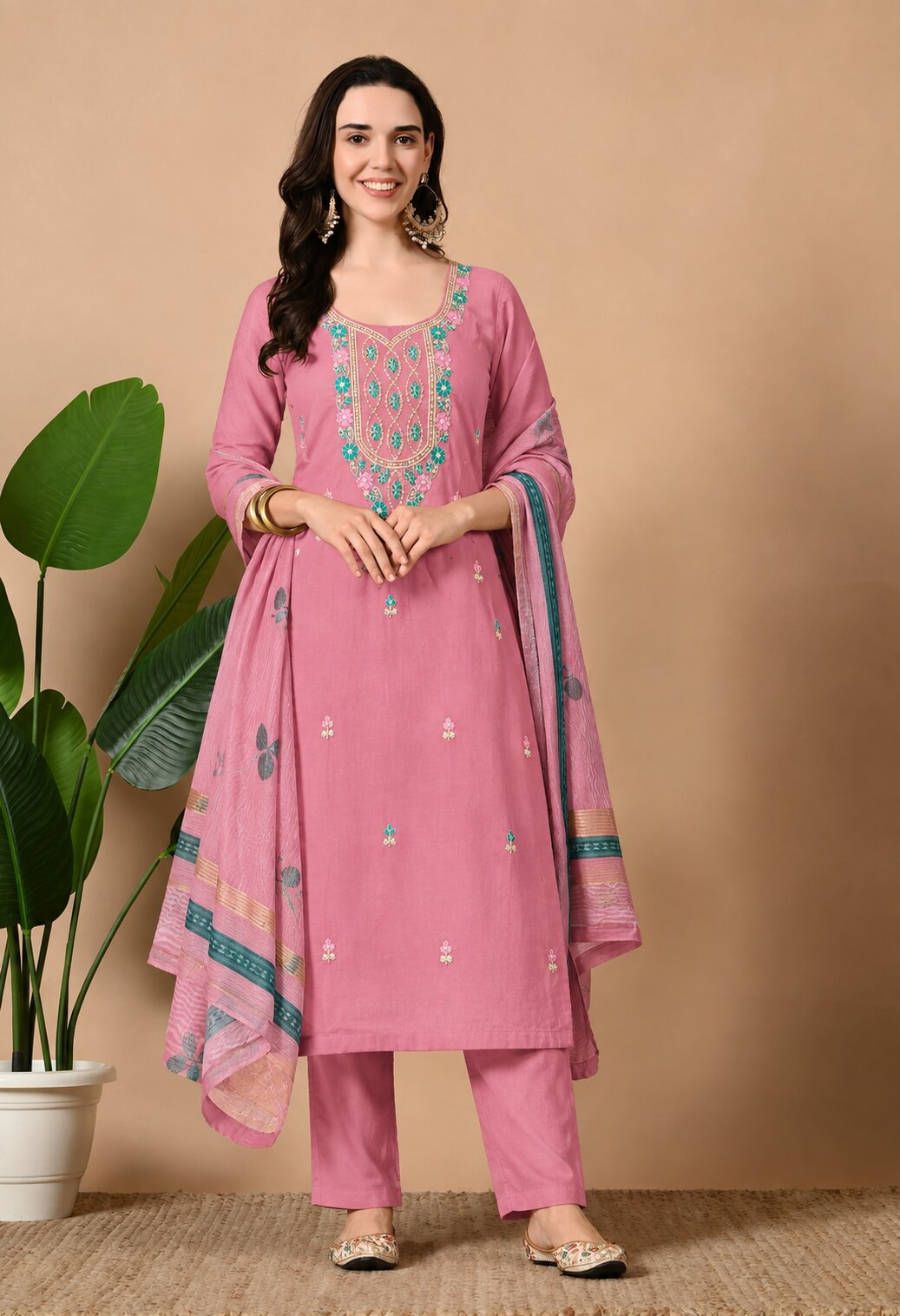 Pink straight-fit ethnic suit set featuring a kurta with intricate multicolour floral embroidery on the neckline, matching pink trousers, and a coordinating dupatta with decorative borders. Styled with traditional earrings and bangles for an elegant festive look.