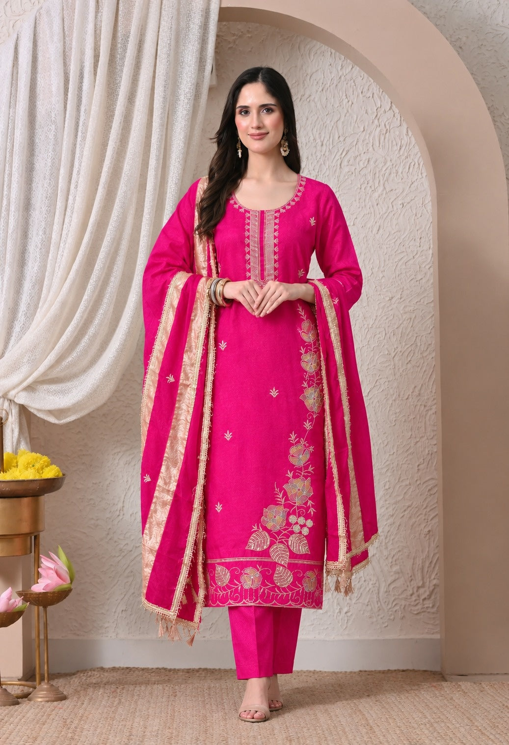 Pink embroidered ethnic suit set featuring a straight-cut kurta with intricate gold floral embroidery, matching pink trousers, and a coordinating dupatta with a gold embroidered border.