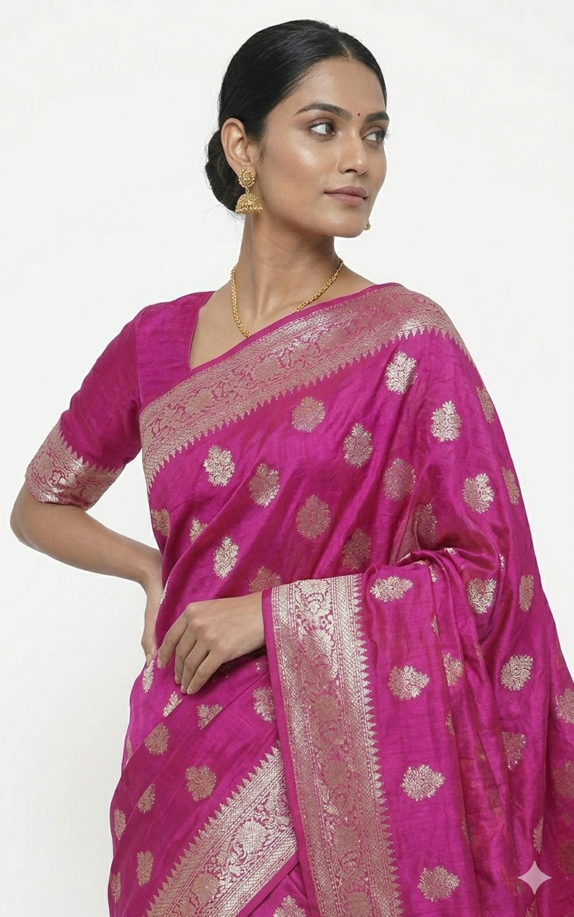 Close-up front view of a woman wearing a magenta Banarasi silk saree with silver floral patterns and an ornate silver zari border, paired with a matching magenta blouse featuring silver sleeve borders