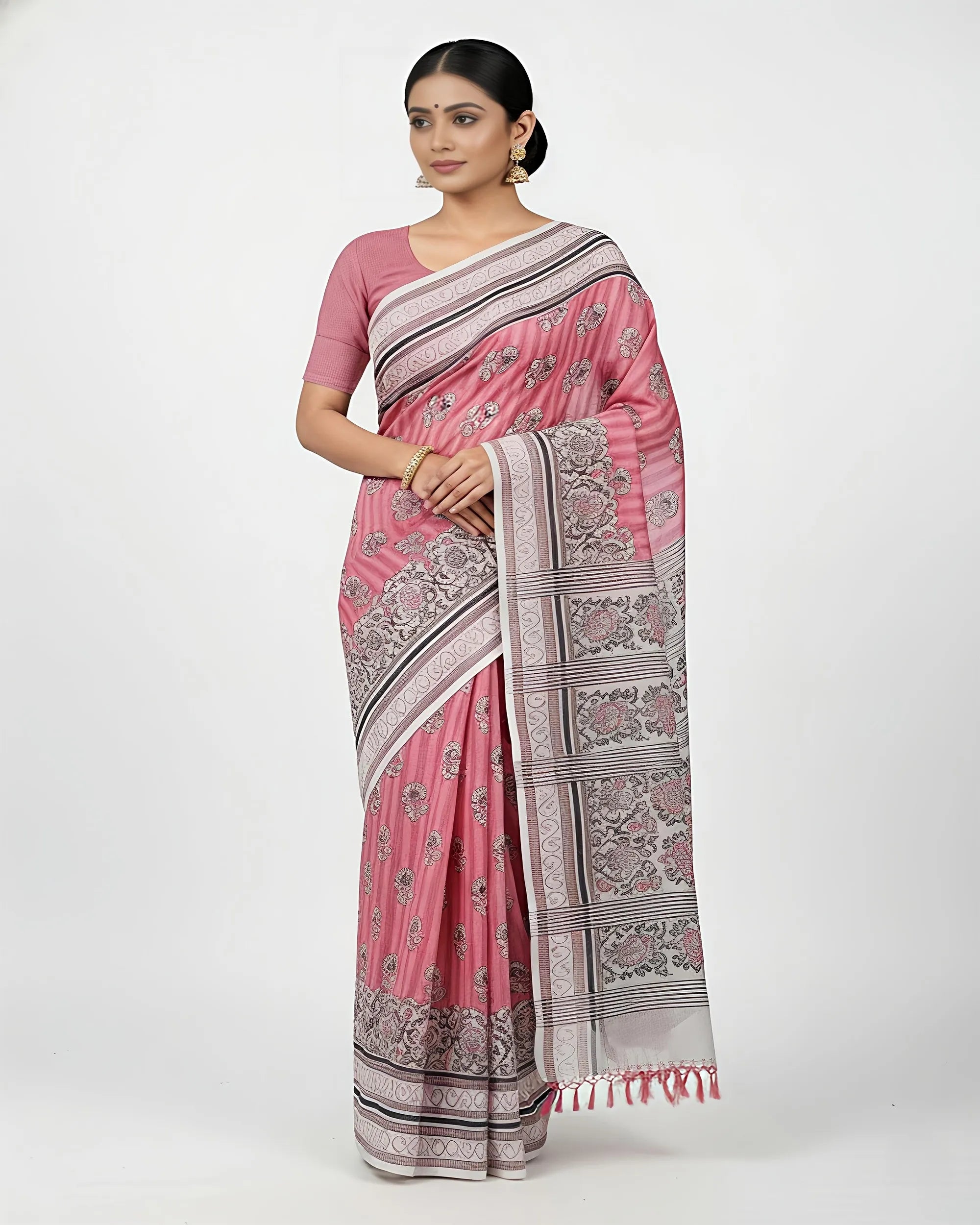 A woman modelling a rose-pink cotton saree from The Weavers Shop with traditional handblock floral motifs. The saree includes a contrast grey and white printed border and pallu.