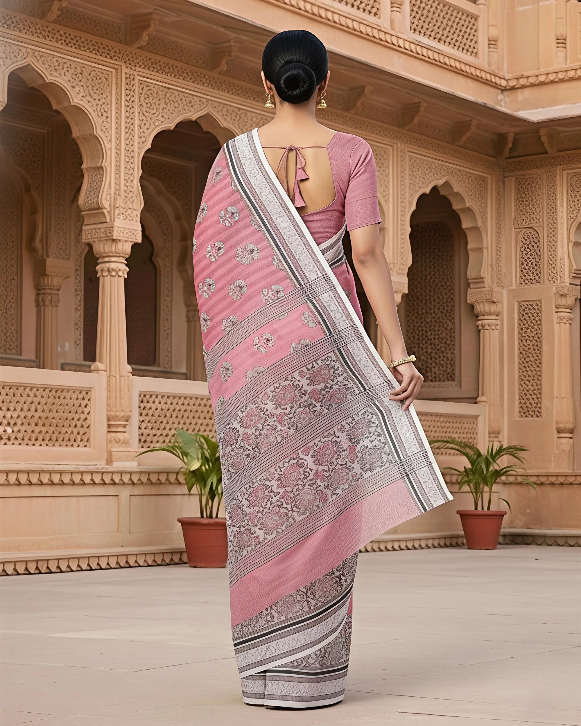 Back view of the pink handblock saree showing a matching pink blouse with a simple dori tie-up. The pallu features bold floral blocks and striped geometric patterns.