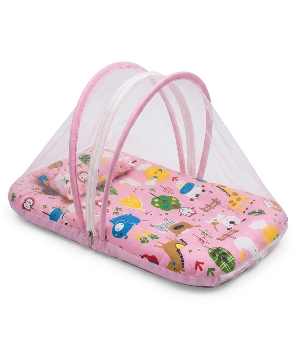 Pink pure cotton baby nest with an integrated mosquito net and matching pillow, featuring a colorful all-over animal print for infants 0-6 months.