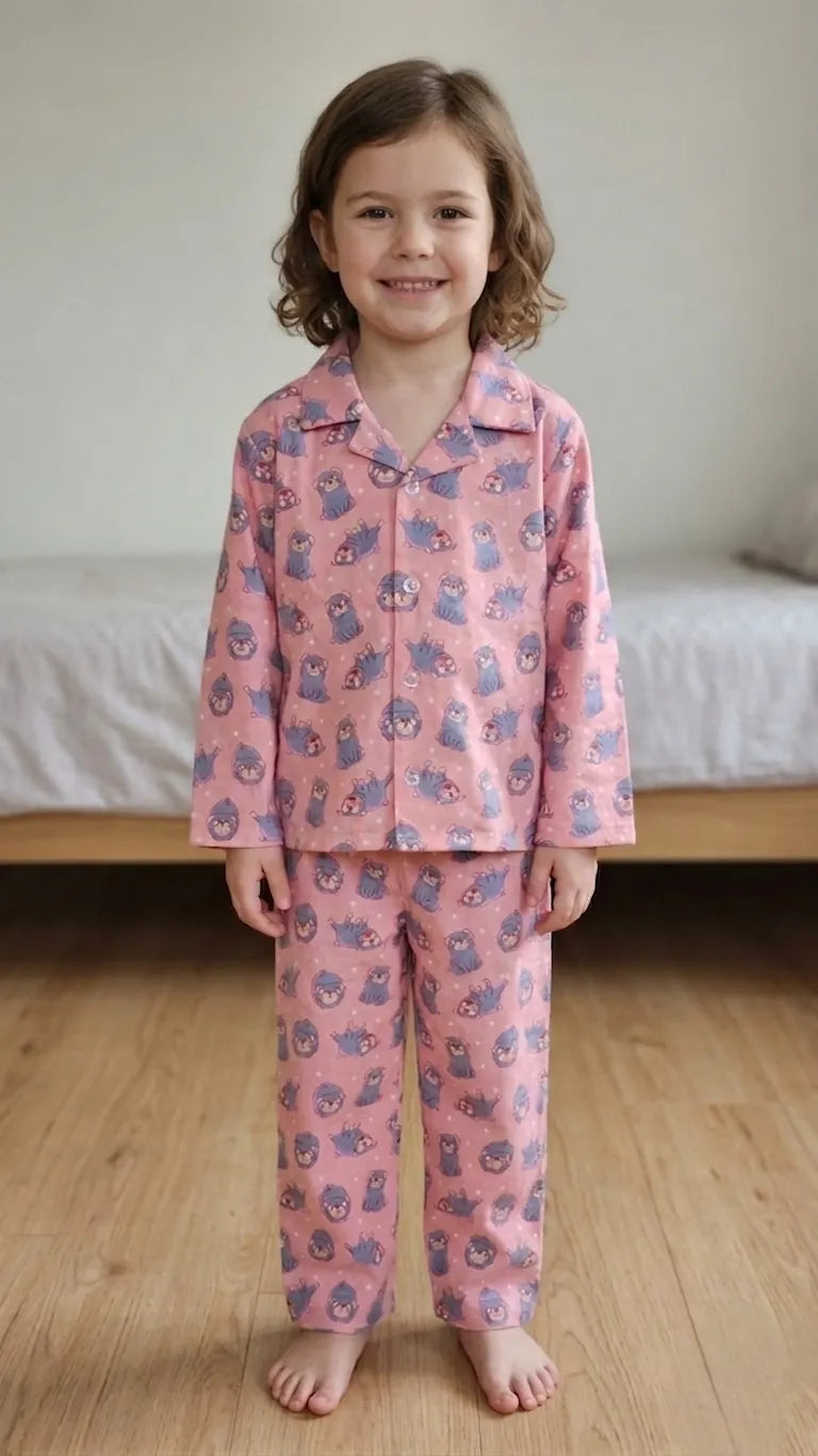 A child standing in a bedroom wearing a pink cotton night suit with a purple puppy and white polka dot print.